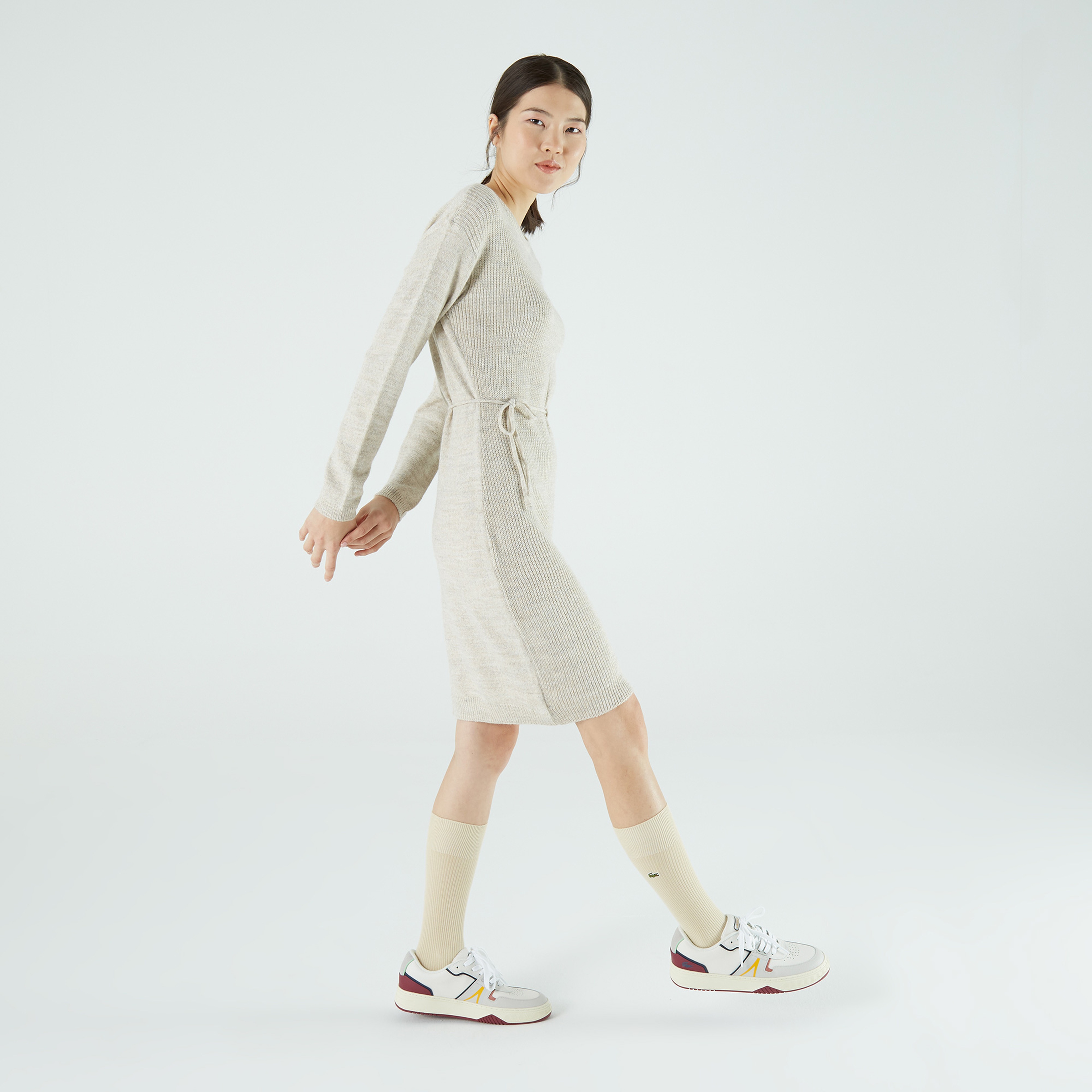 Lacoste Kadın Regular Fit Uzun Kollu Kayık Yaka Bej Elbise