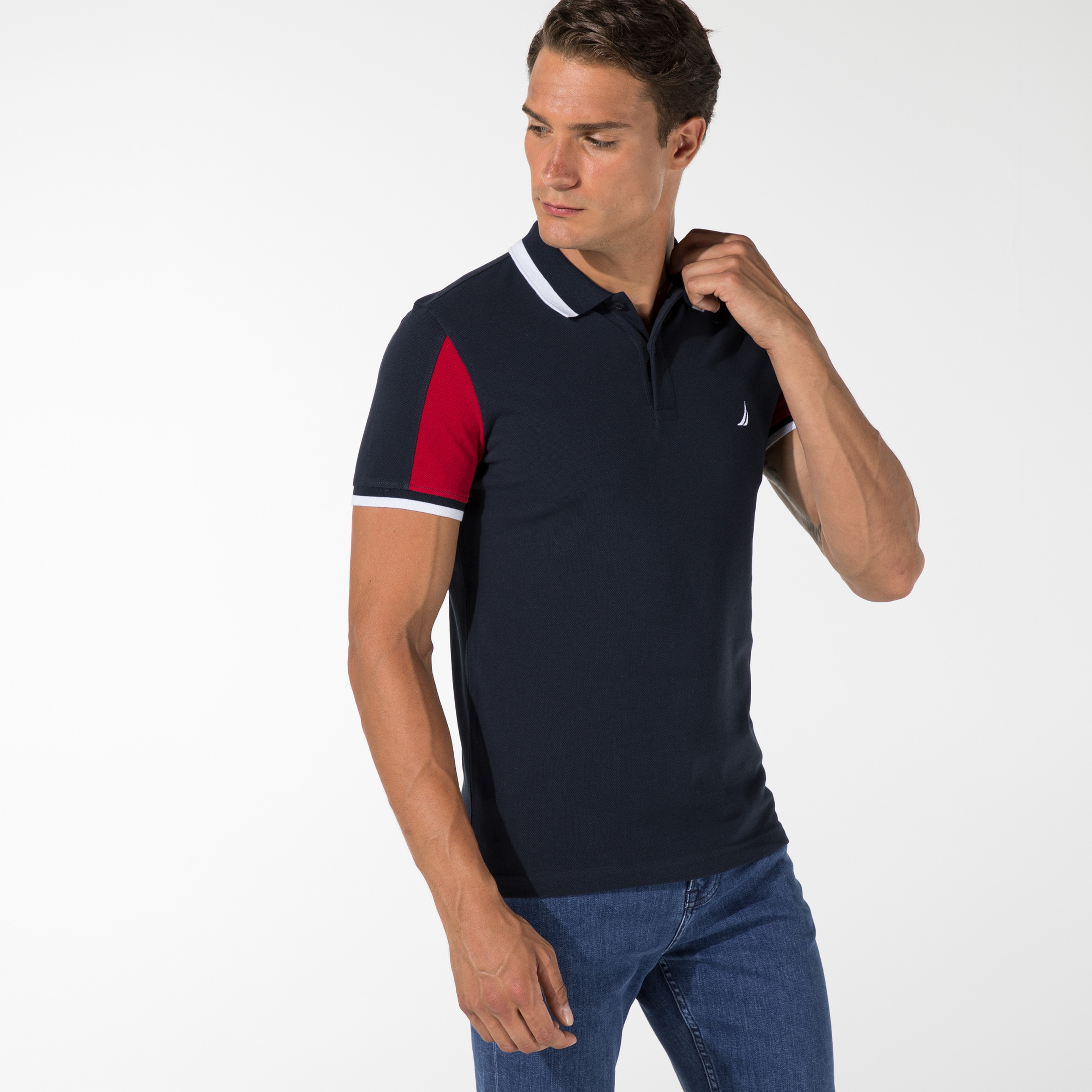 NAUTICA ERKEK LACİVERT BLOK DESENLİ SLIM FIT POLO