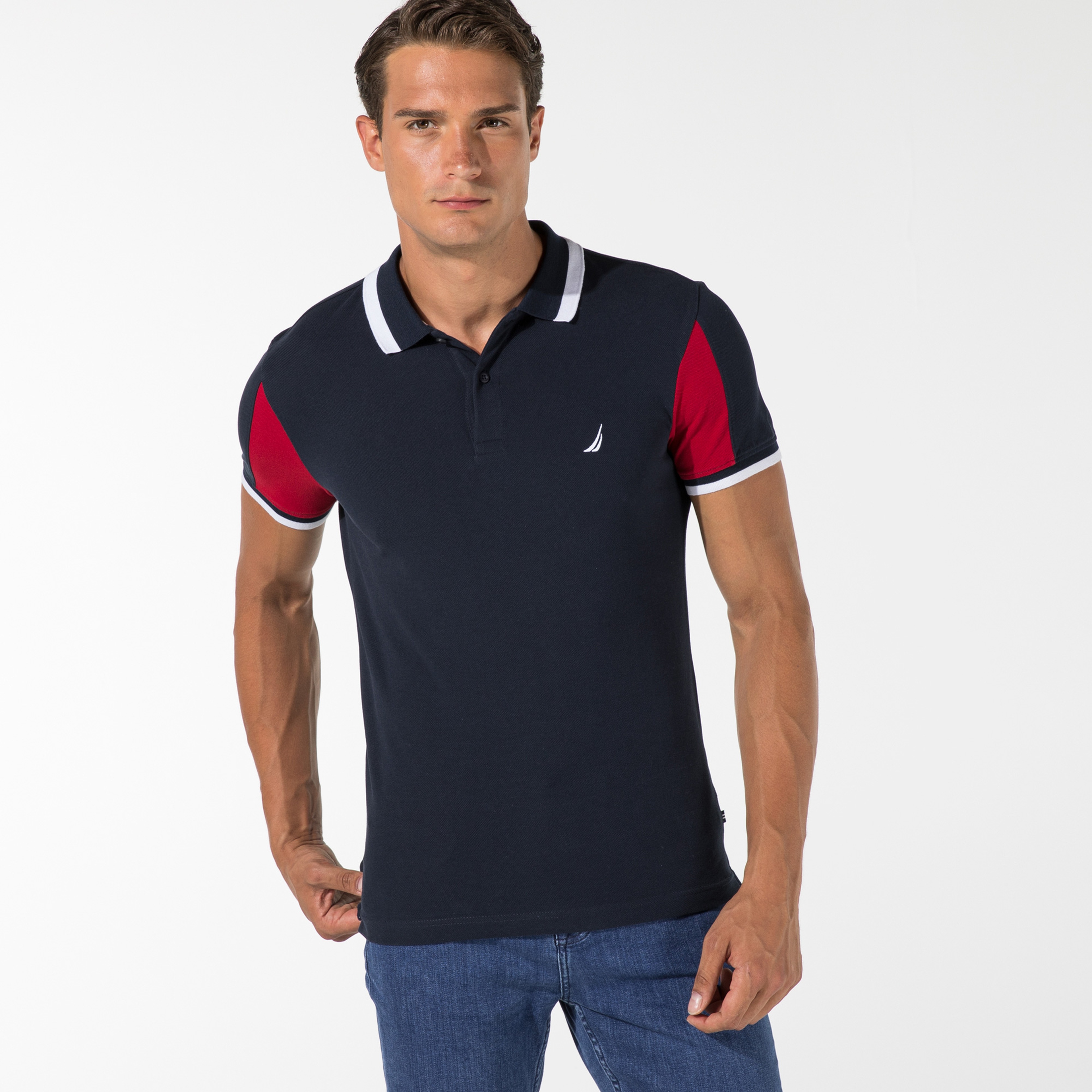 NAUTICA ERKEK LACİVERT BLOK DESENLİ SLIM FIT POLO