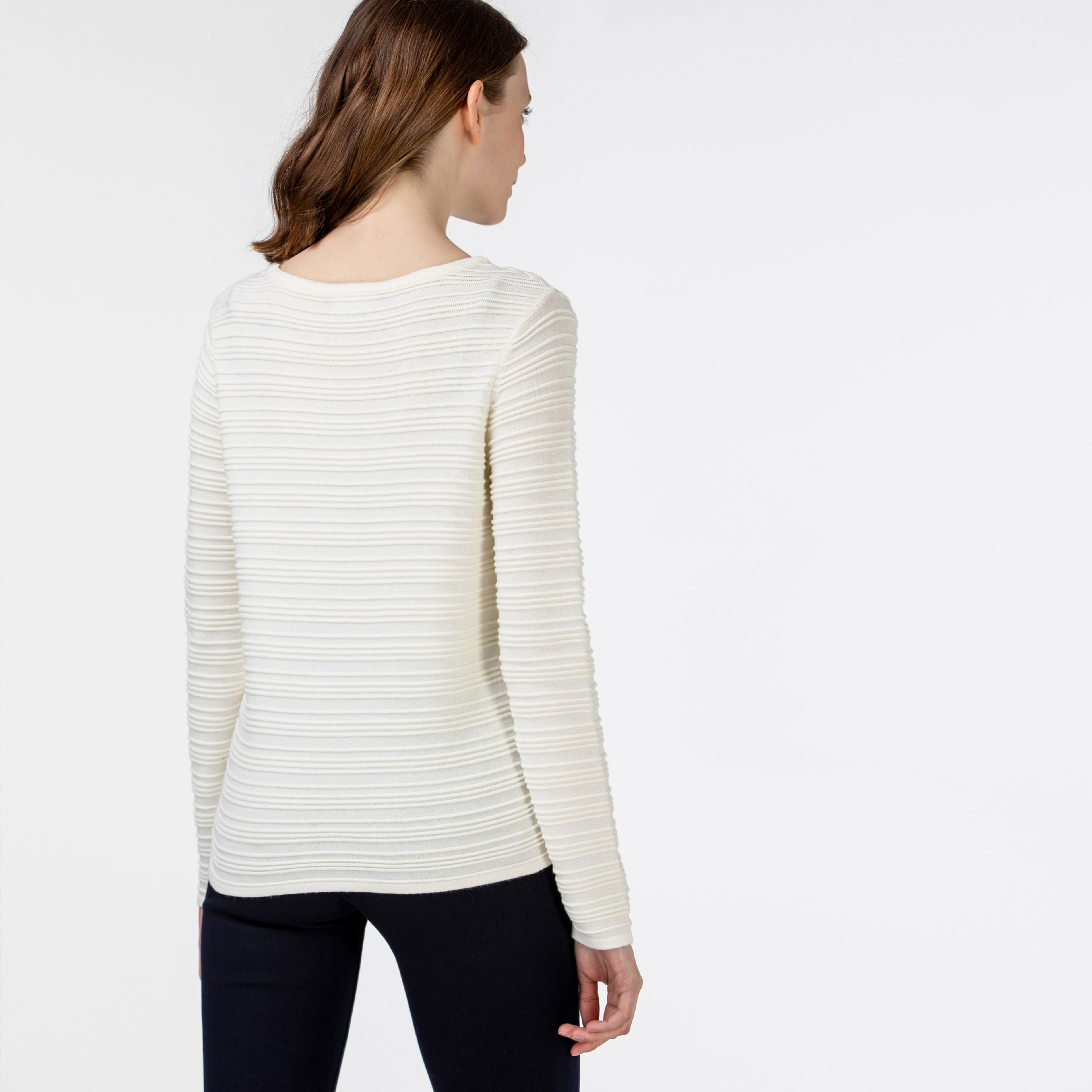 Lacoste Kadın Bisiklet Yaka Desenli Beyaz Triko Kazak