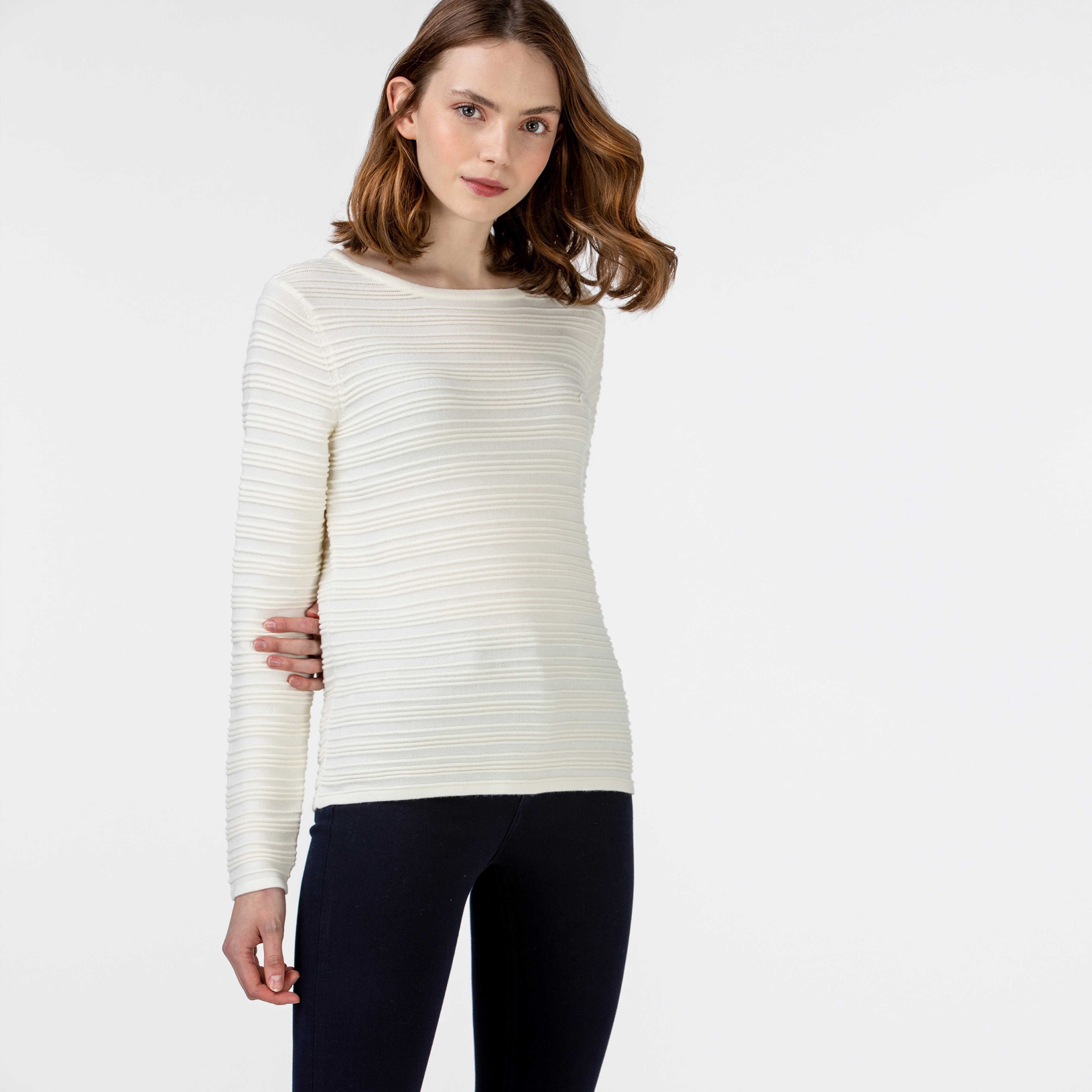 Lacoste Kadın Bisiklet Yaka Desenli Beyaz Triko Kazak