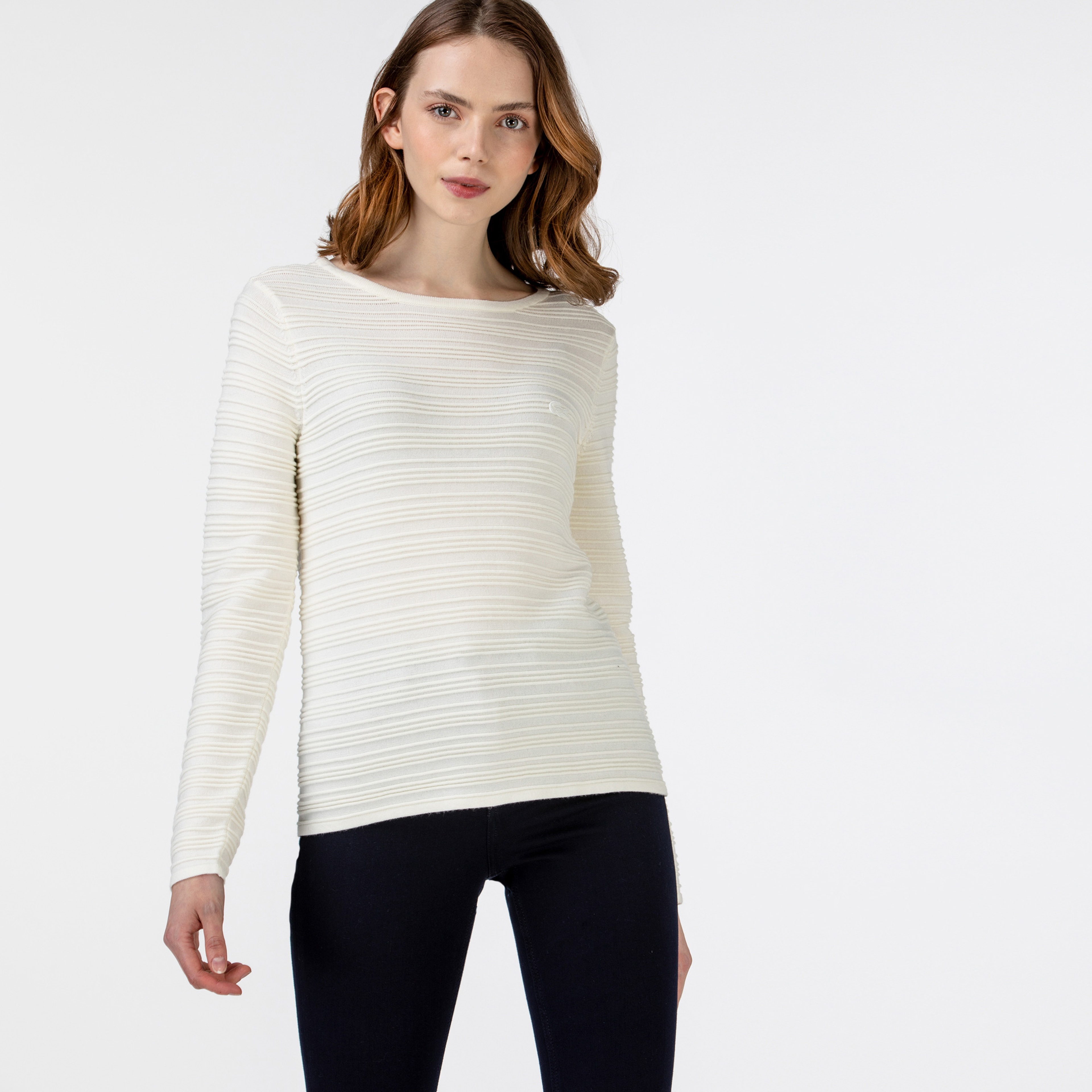 Lacoste Kadın Bisiklet Yaka Desenli Beyaz Triko Kazak