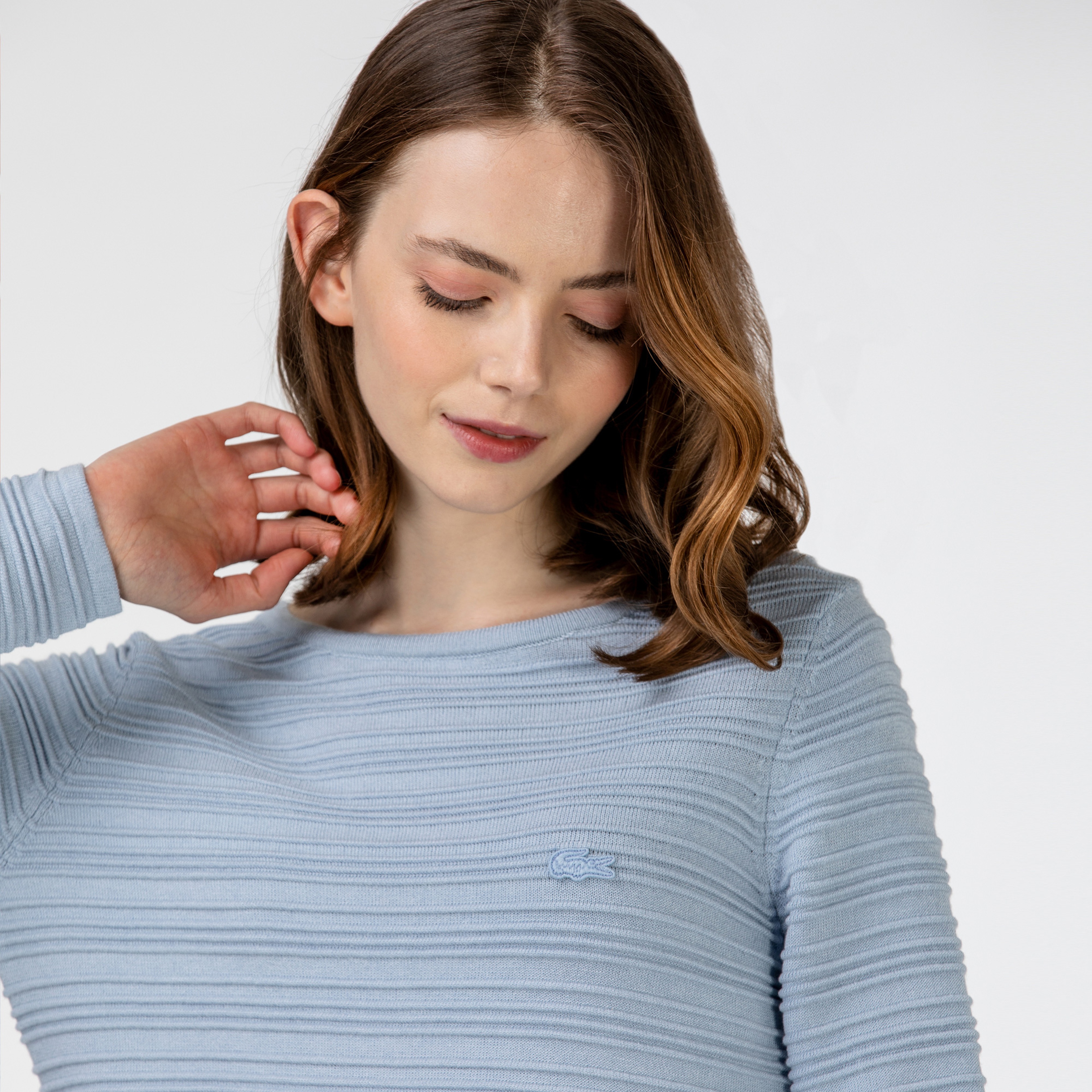 Lacoste Kadın Bisiklet Yaka Desenli Mavi Triko Kazak