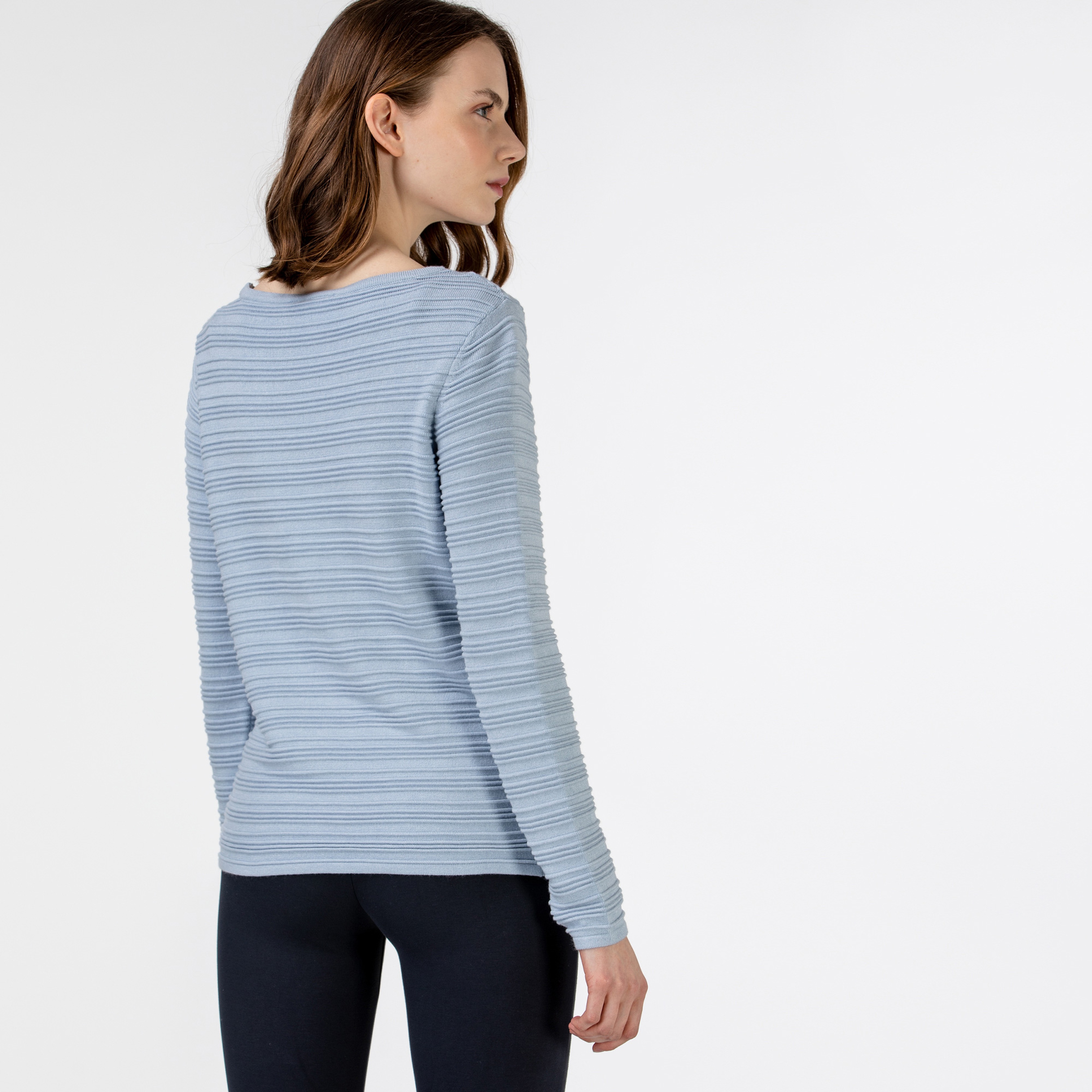 Lacoste Kadın Bisiklet Yaka Desenli Mavi Triko Kazak