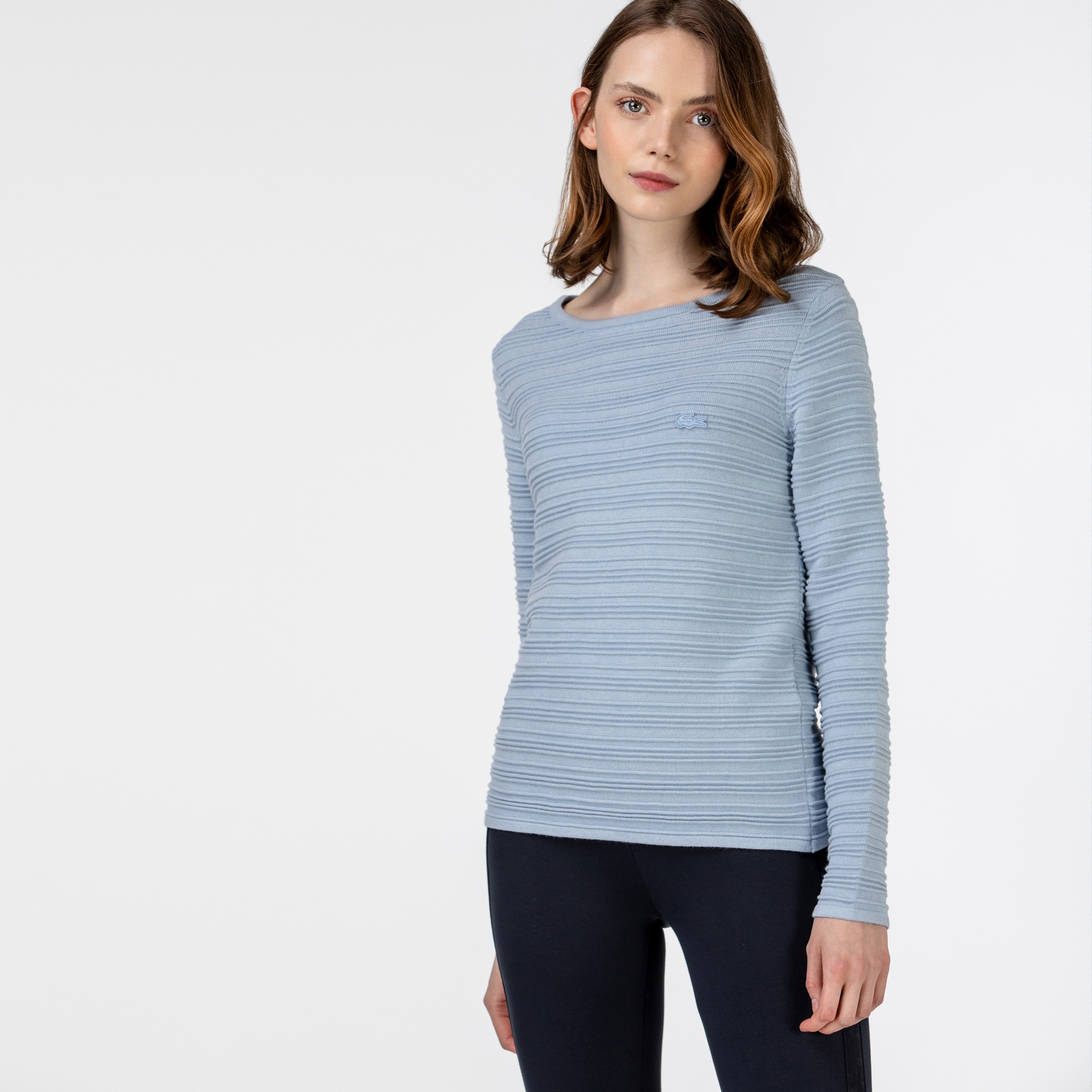 Lacoste Kadın Bisiklet Yaka Desenli Mavi Triko Kazak