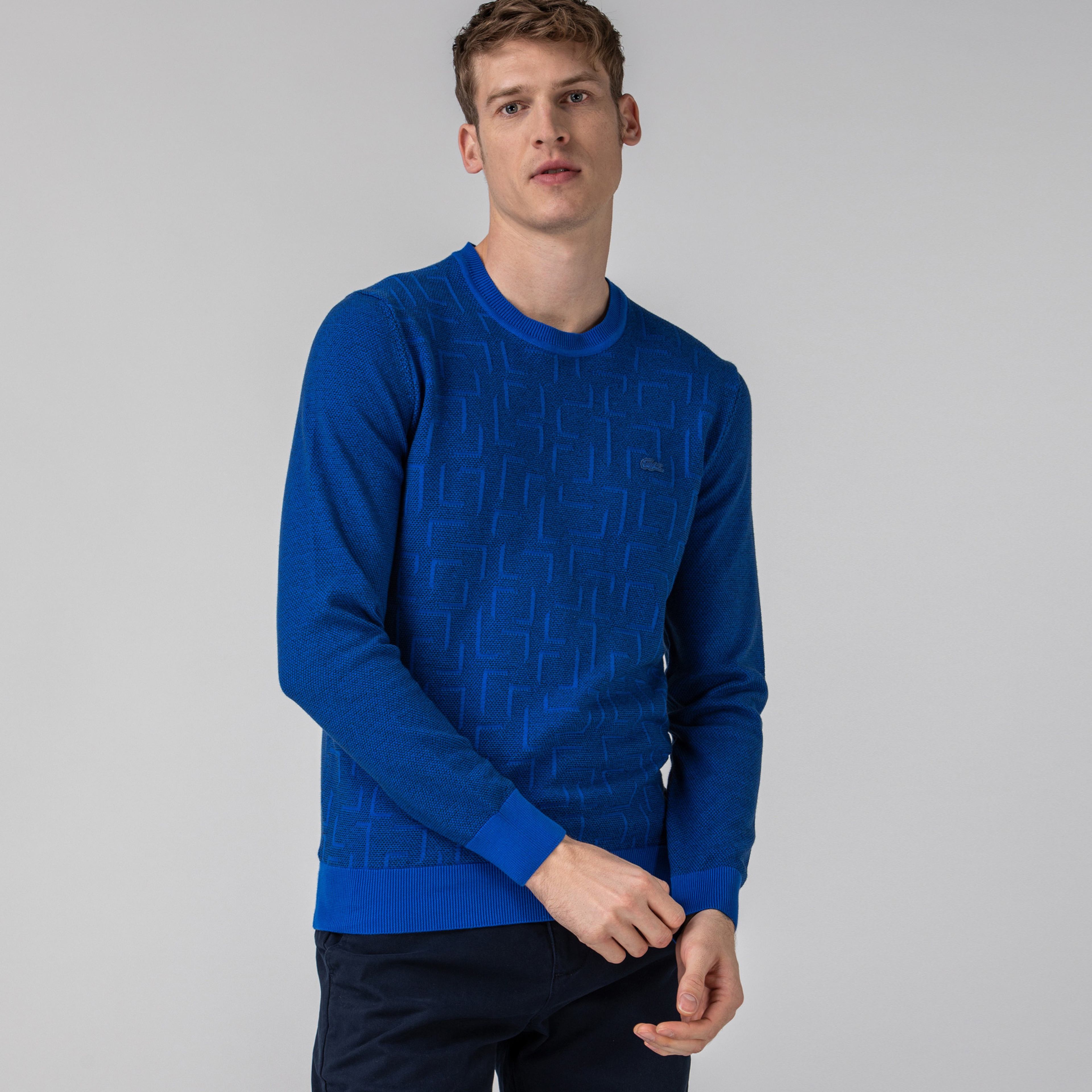 Lacoste Erkek Bisiklet Yaka Desenli Saks Mavi Triko Kazak