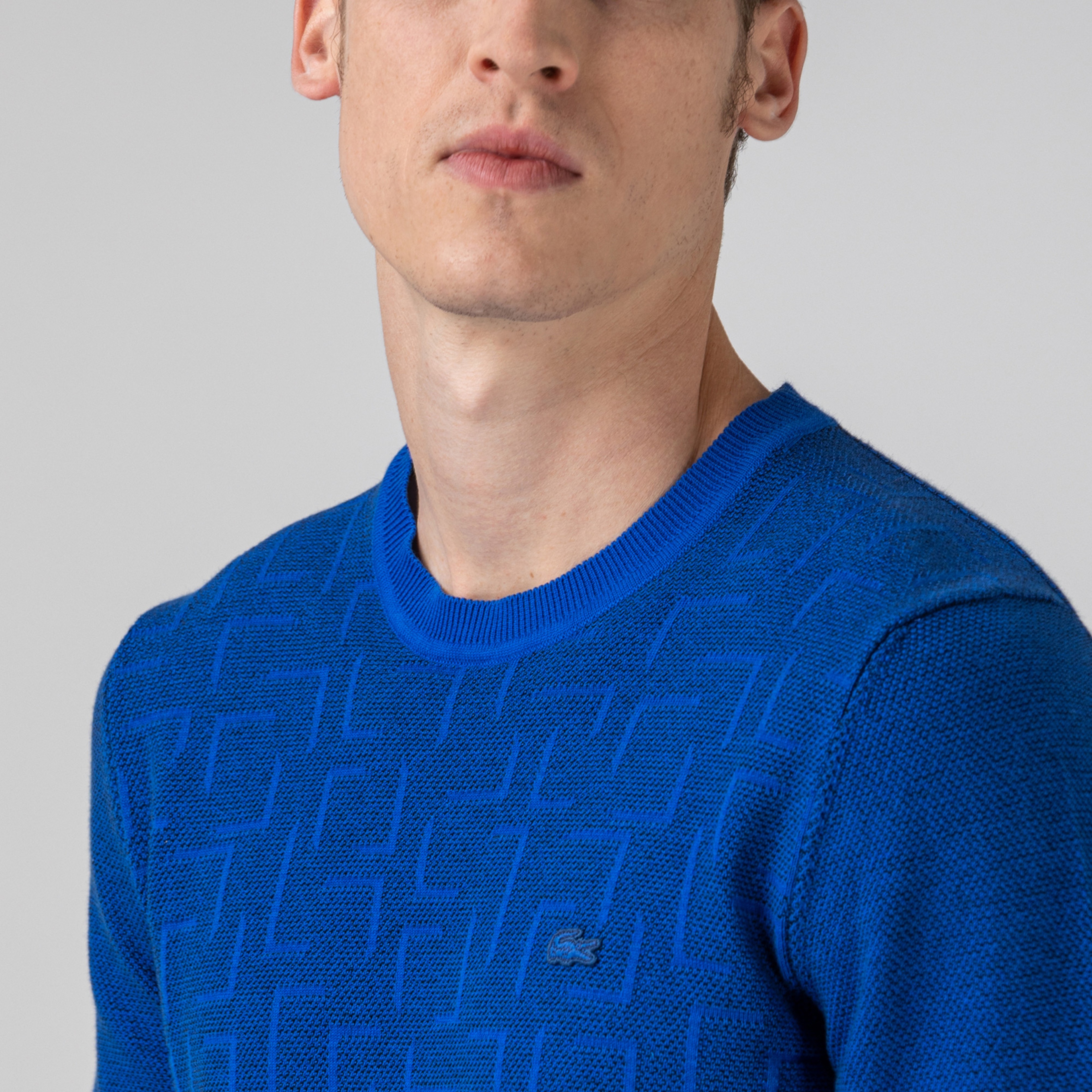 Lacoste Erkek Bisiklet Yaka Desenli Saks Mavi Triko Kazak