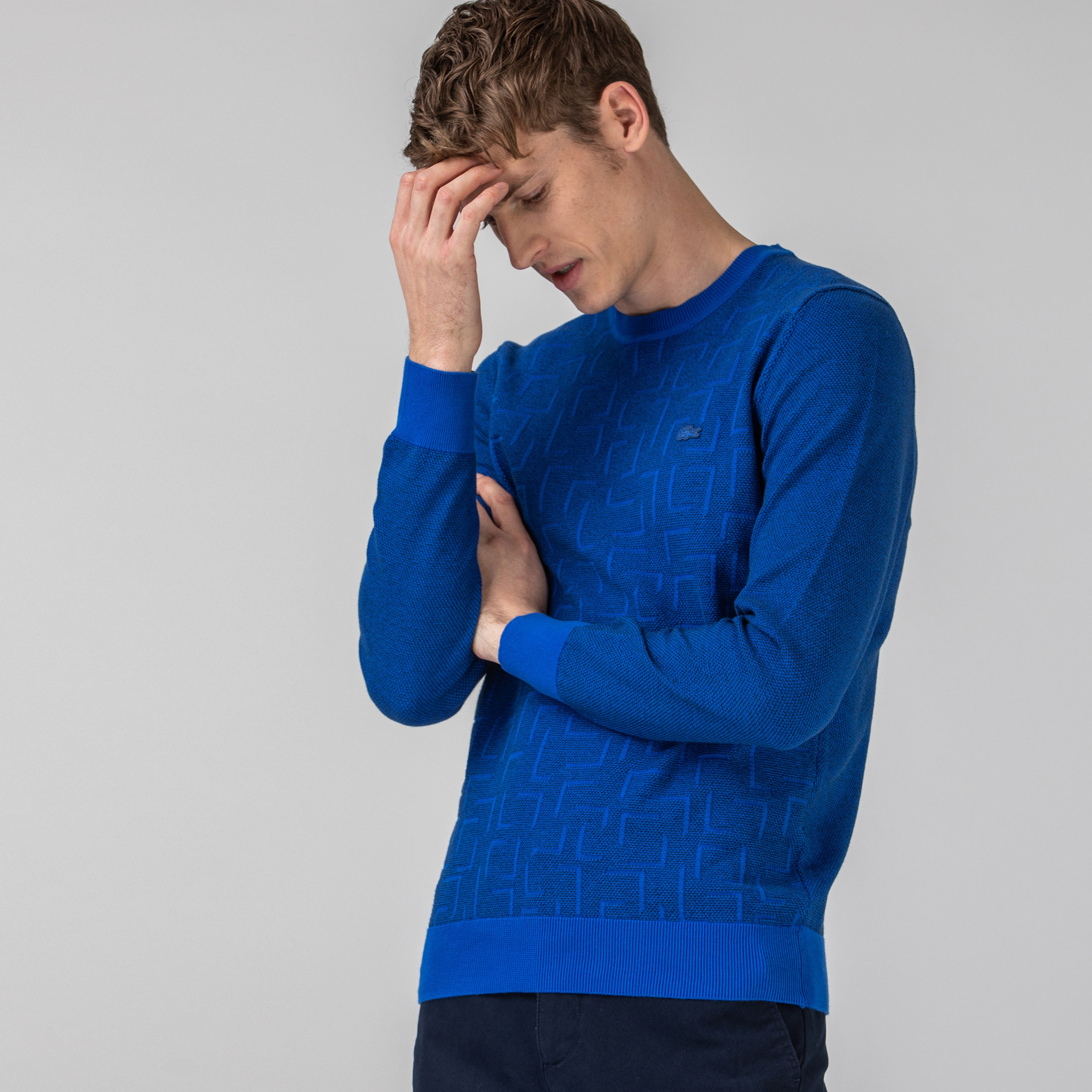 Lacoste Erkek Bisiklet Yaka Desenli Saks Mavi Triko Kazak