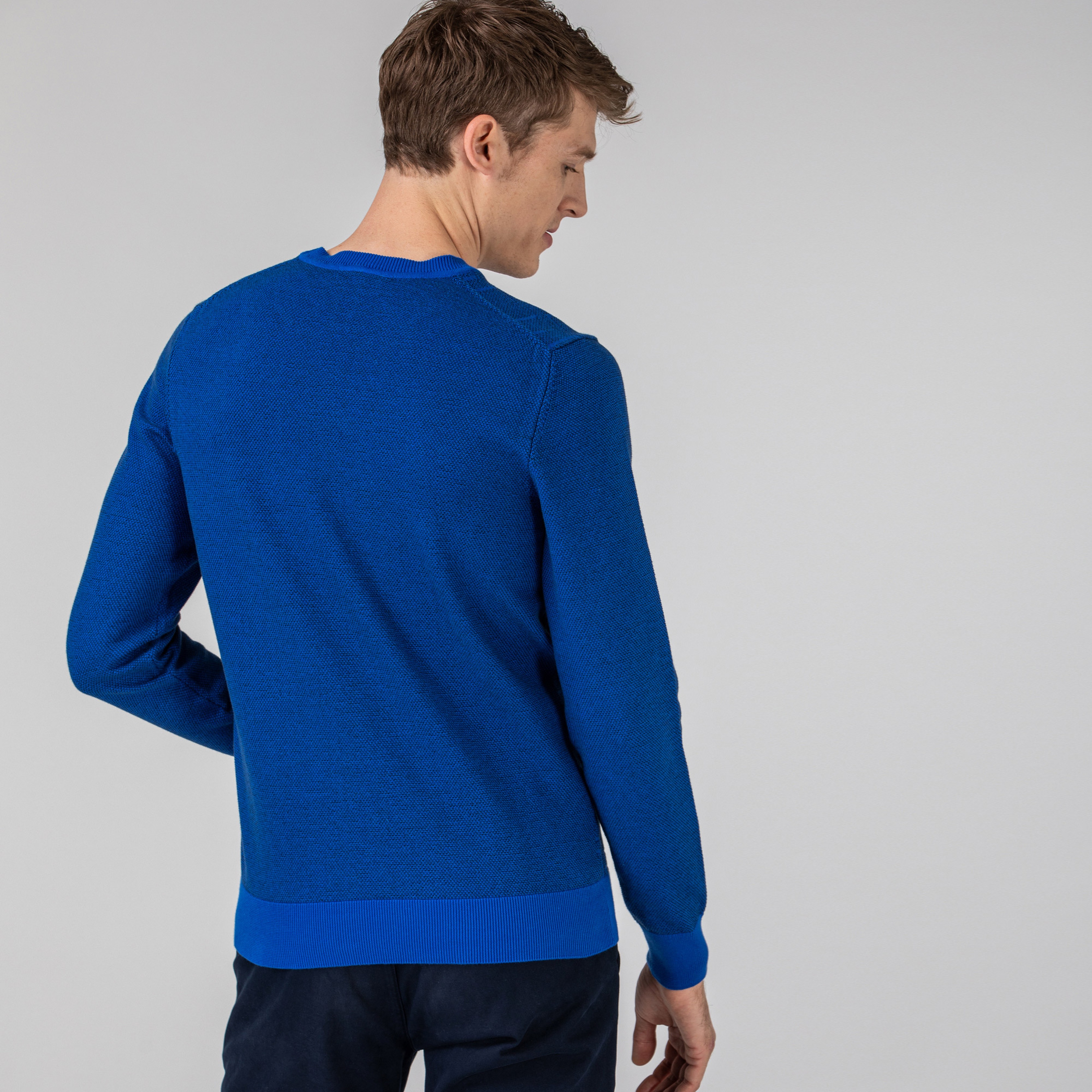 Lacoste Erkek Bisiklet Yaka Desenli Saks Mavi Triko Kazak