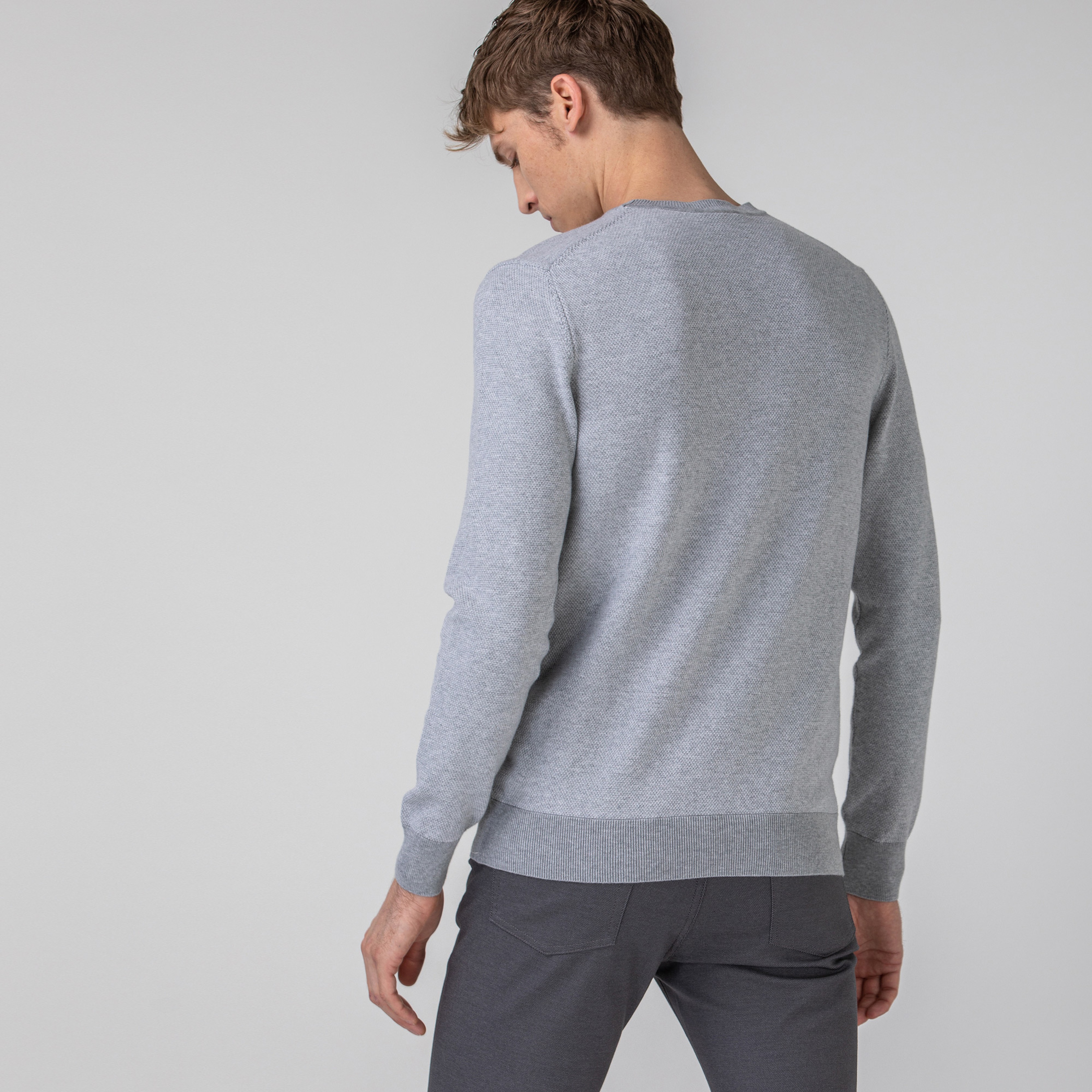 Lacoste Erkek Bisiklet Yaka Desenli Açık Gri Triko Kazak