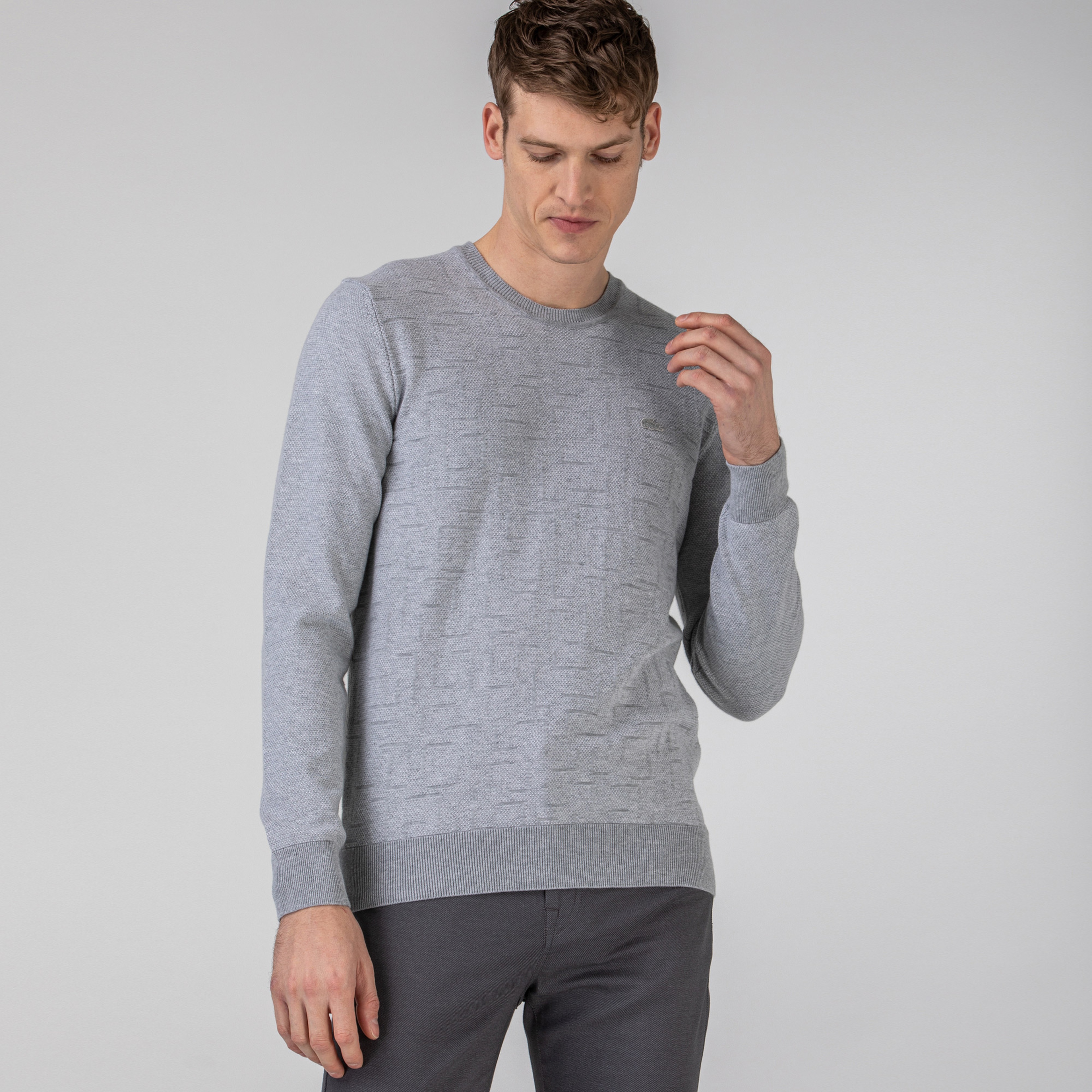 Lacoste Erkek Bisiklet Yaka Desenli Açık Gri Triko Kazak