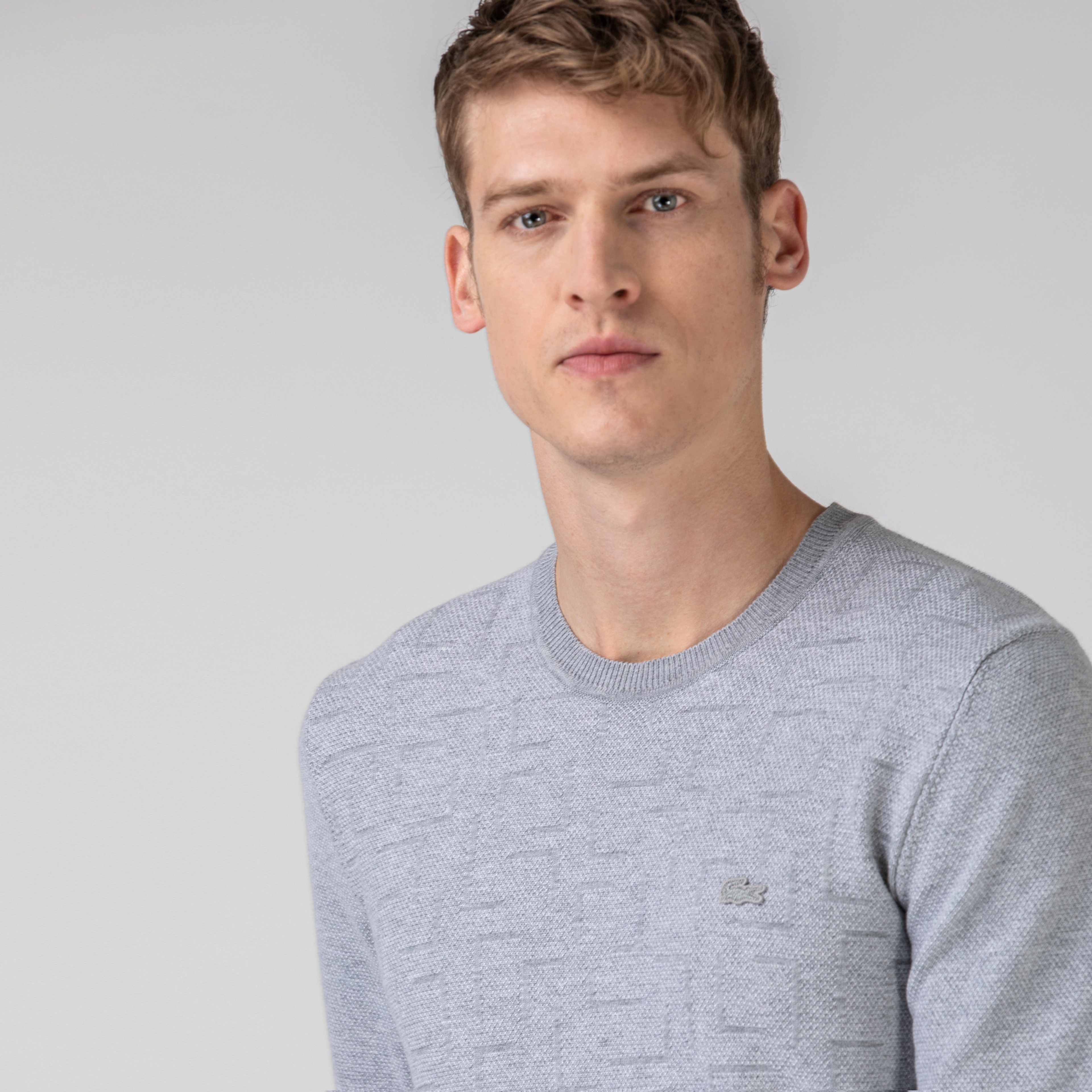 Lacoste Erkek Bisiklet Yaka Desenli Açık Gri Triko Kazak