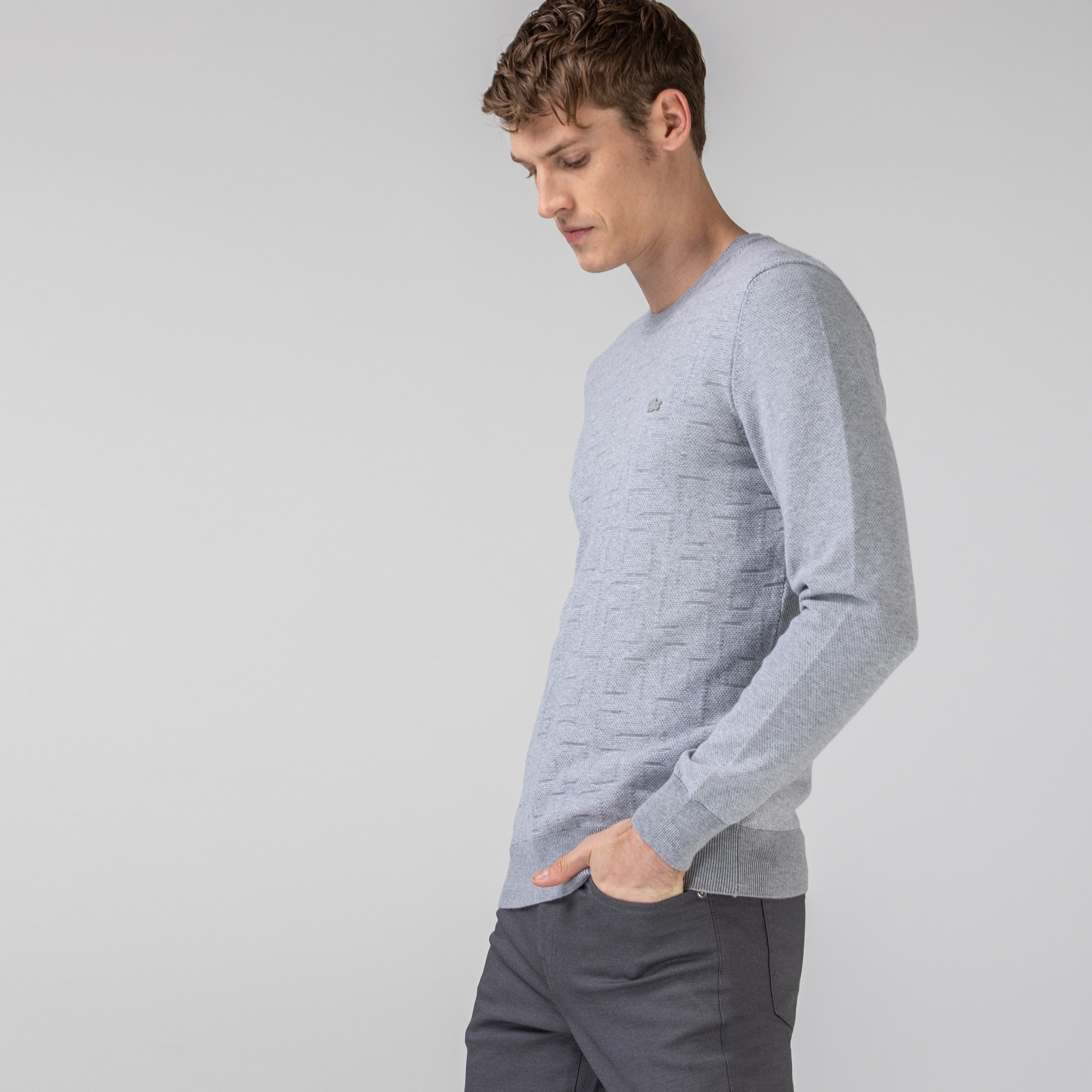 Lacoste Erkek Bisiklet Yaka Desenli Açık Gri Triko Kazak