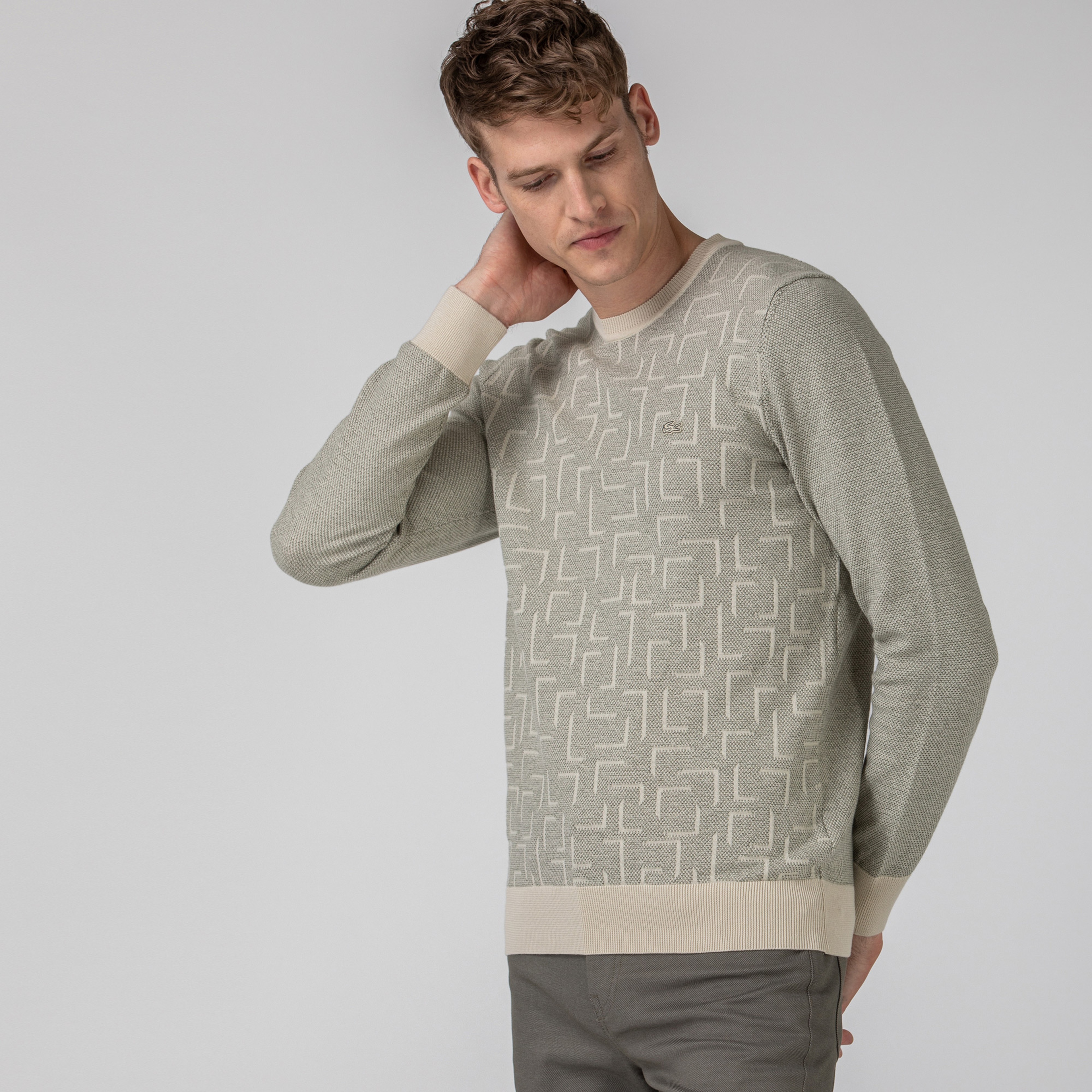 Lacoste Erkek Bisiklet Yaka Desenli Bej Triko Kazak