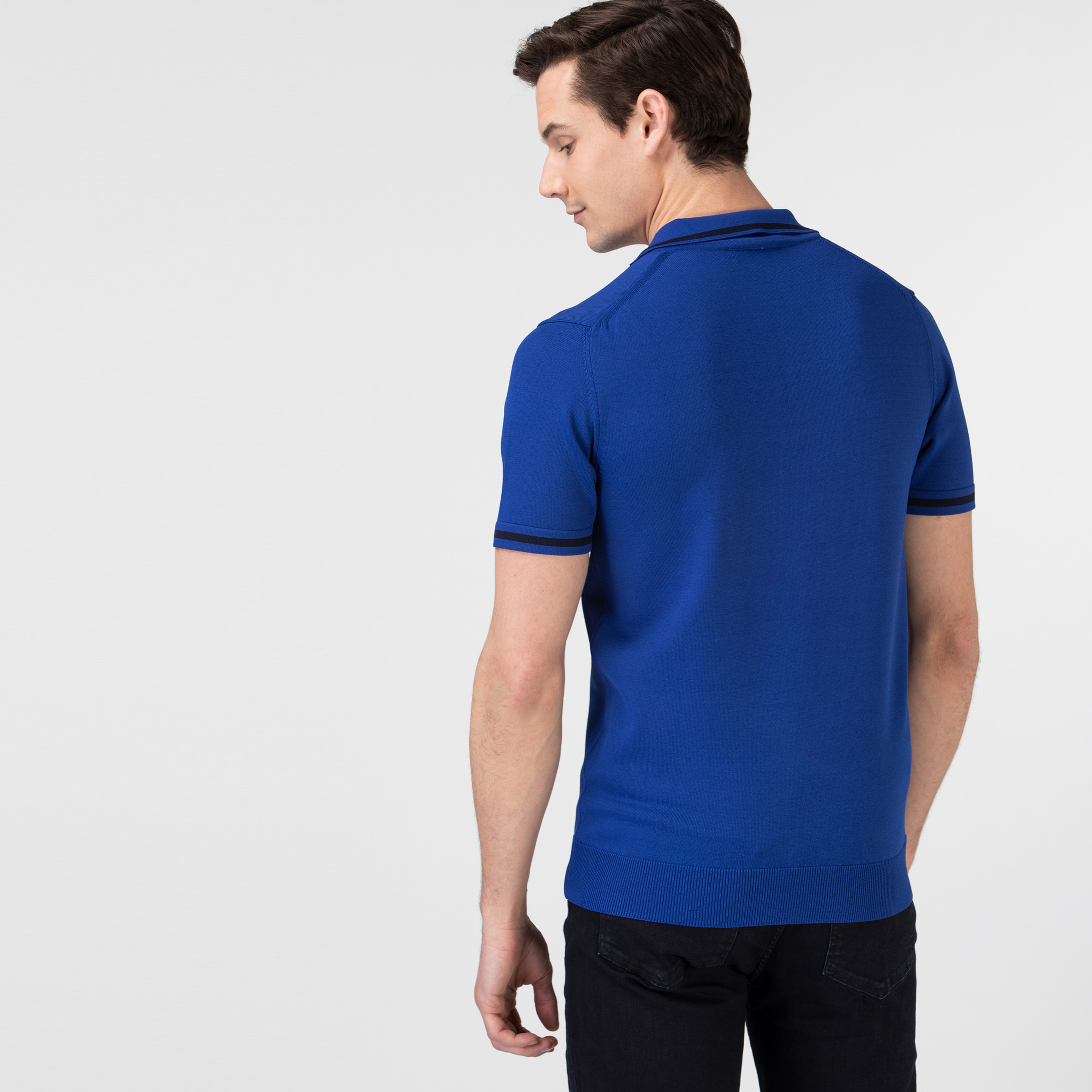 Lacoste Erkek Kısa Kollu Polo Yaka Renk Bloklu Lacivert Triko Kazak