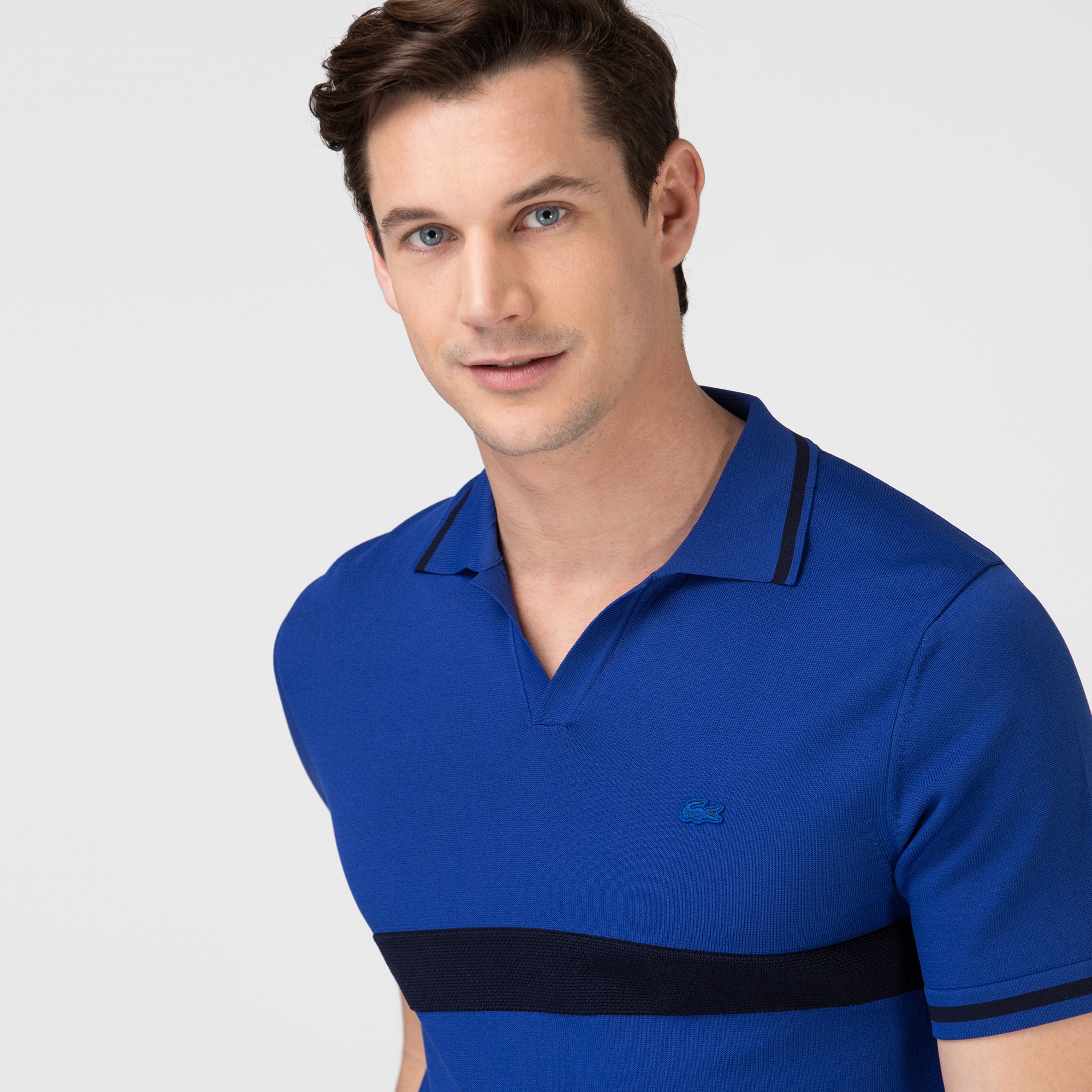 Lacoste Erkek Kısa Kollu Polo Yaka Renk Bloklu Lacivert Triko Kazak