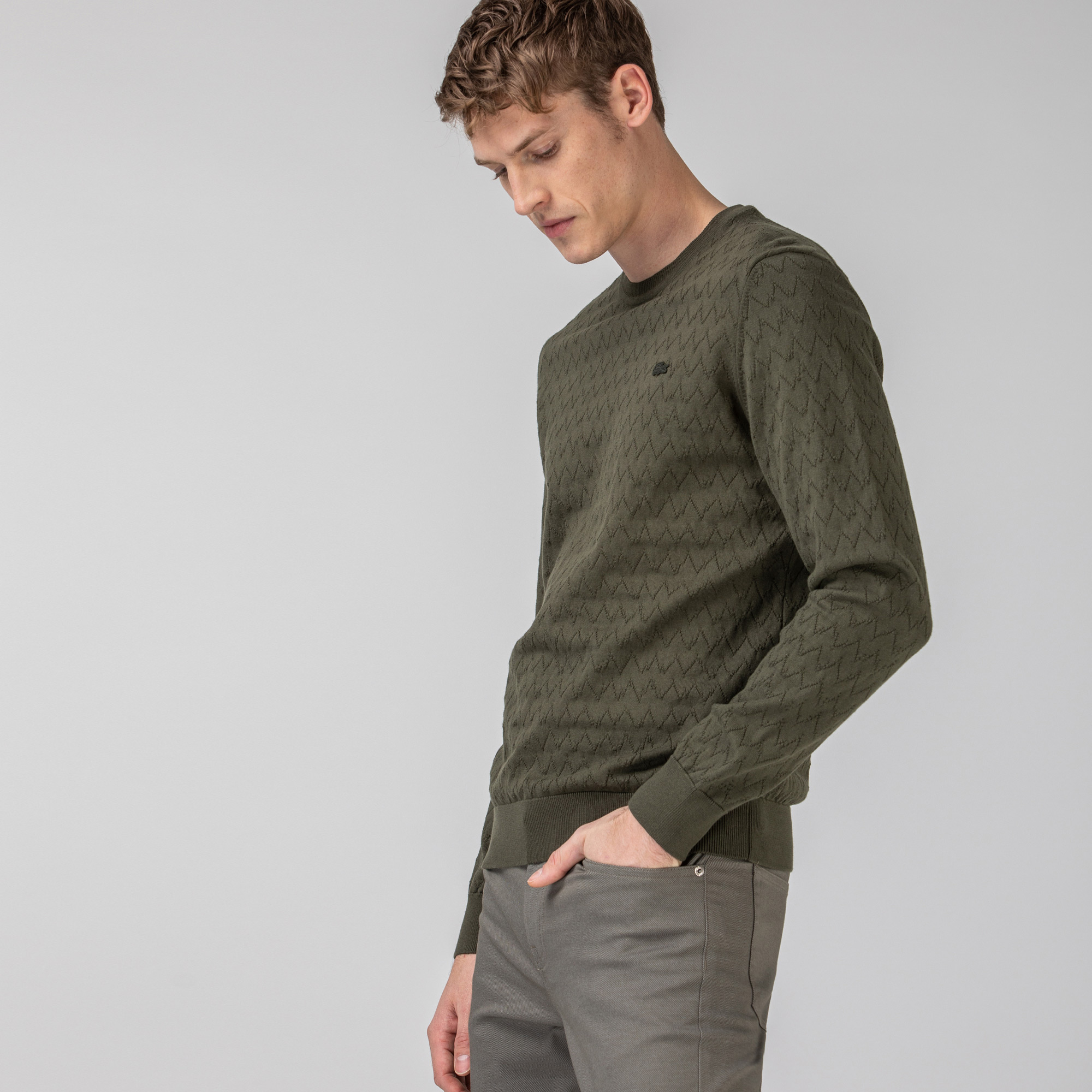 Lacoste Erkek Bisiklet Yaka Desenli Haki Triko Kazak