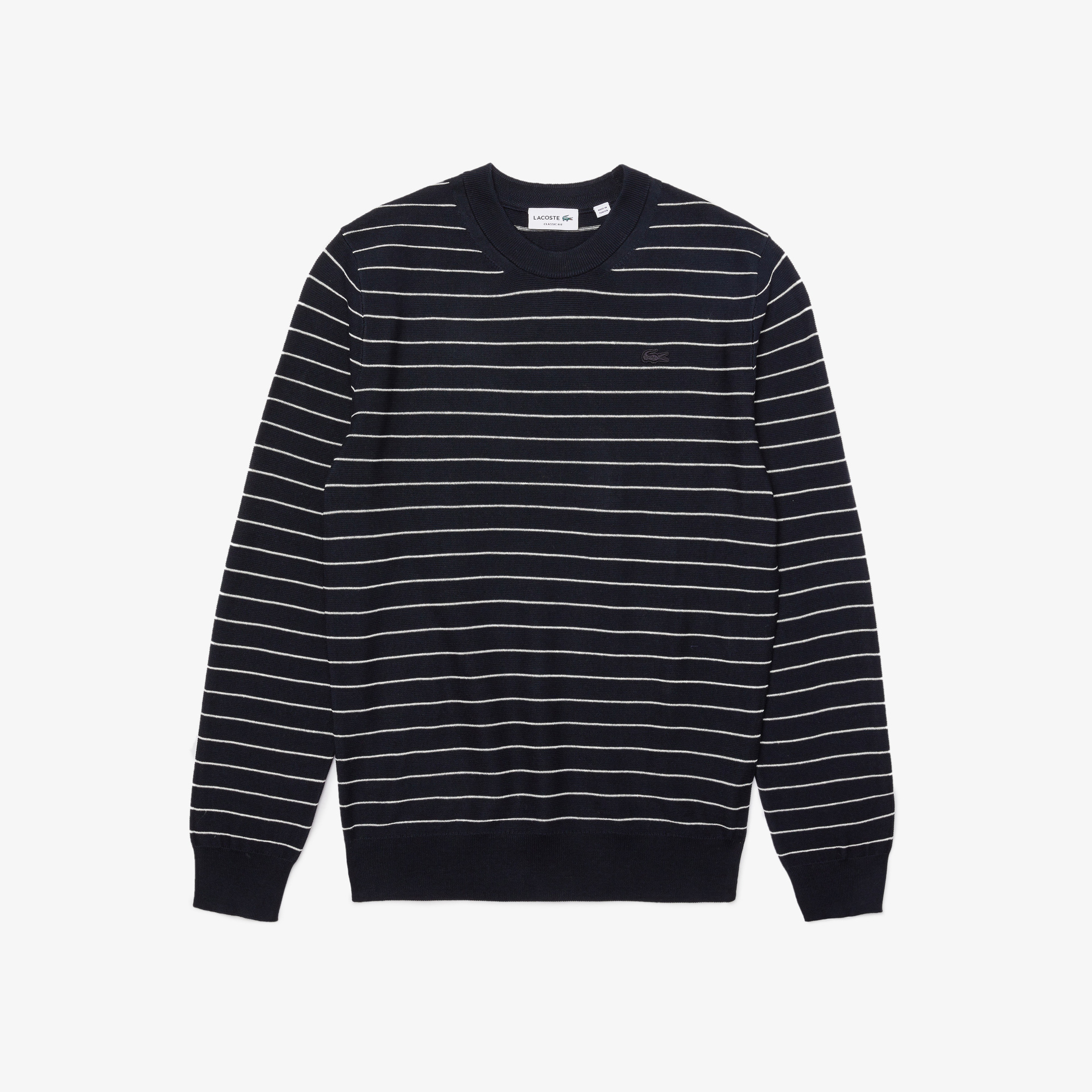 Lacoste Erkek Bisiklet Yaka Çizgili Lacivert - Beyaz Triko Kazak