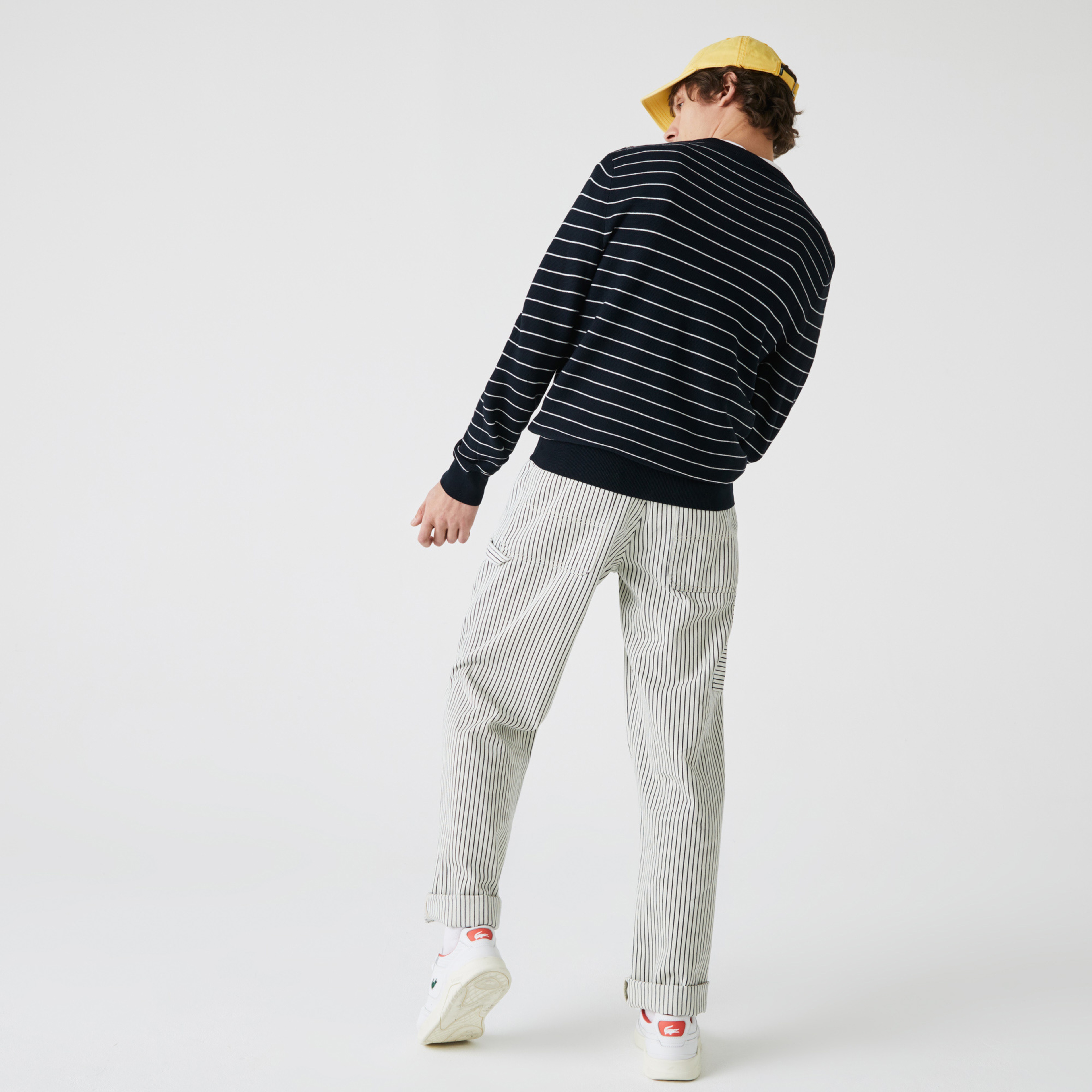 Lacoste Erkek Bisiklet Yaka Çizgili Lacivert - Beyaz Triko Kazak