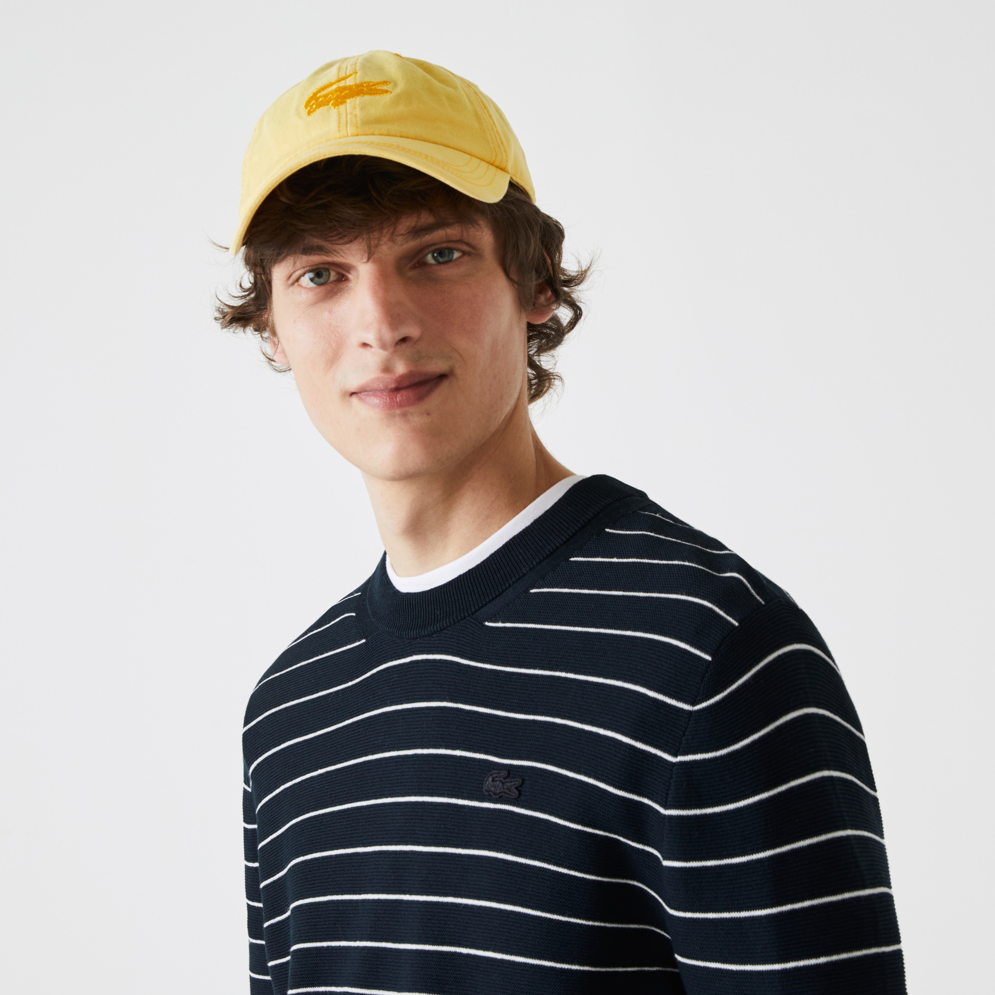 Lacoste Erkek Bisiklet Yaka Çizgili Lacivert - Beyaz Triko Kazak