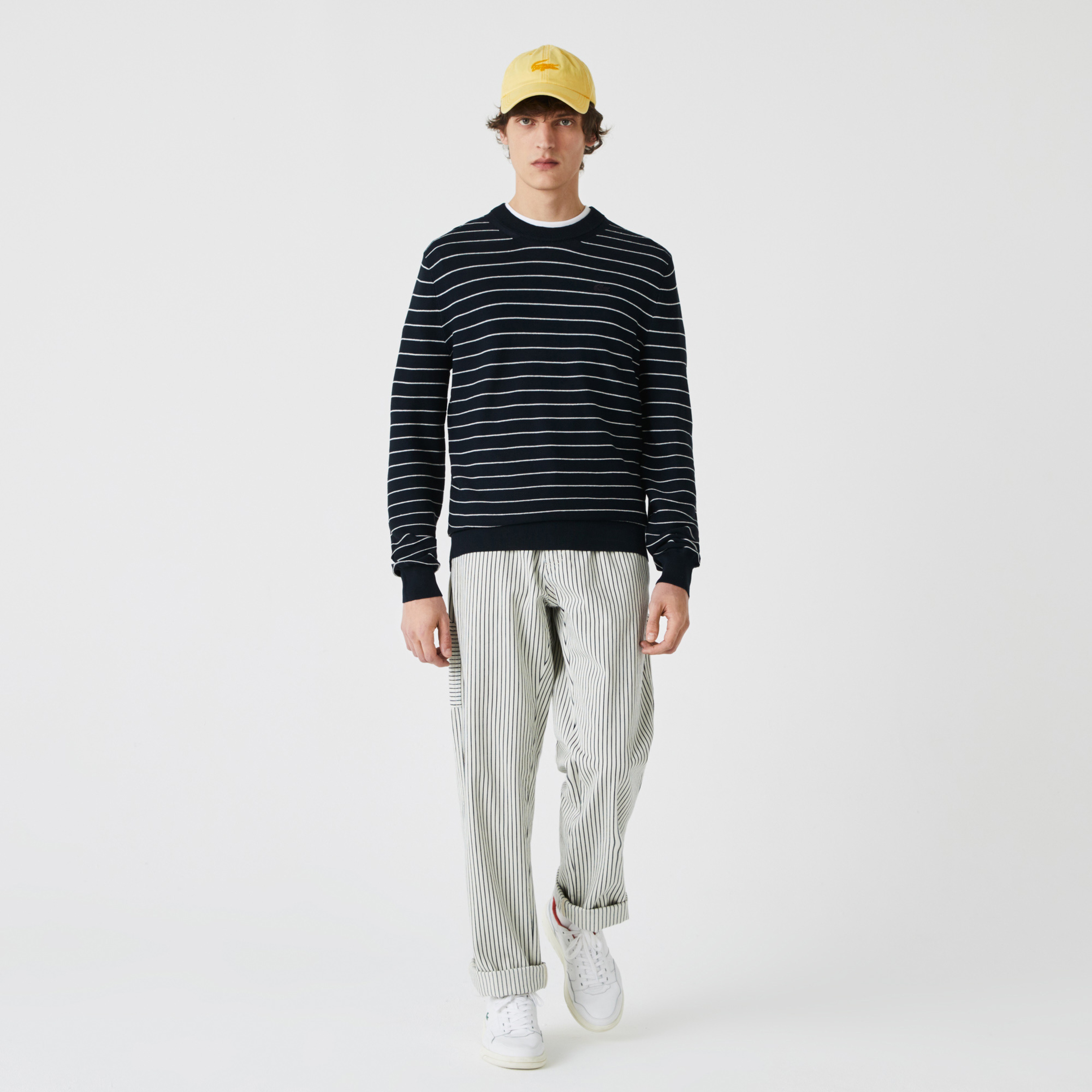 Lacoste Erkek Bisiklet Yaka Çizgili Lacivert - Beyaz Triko Kazak