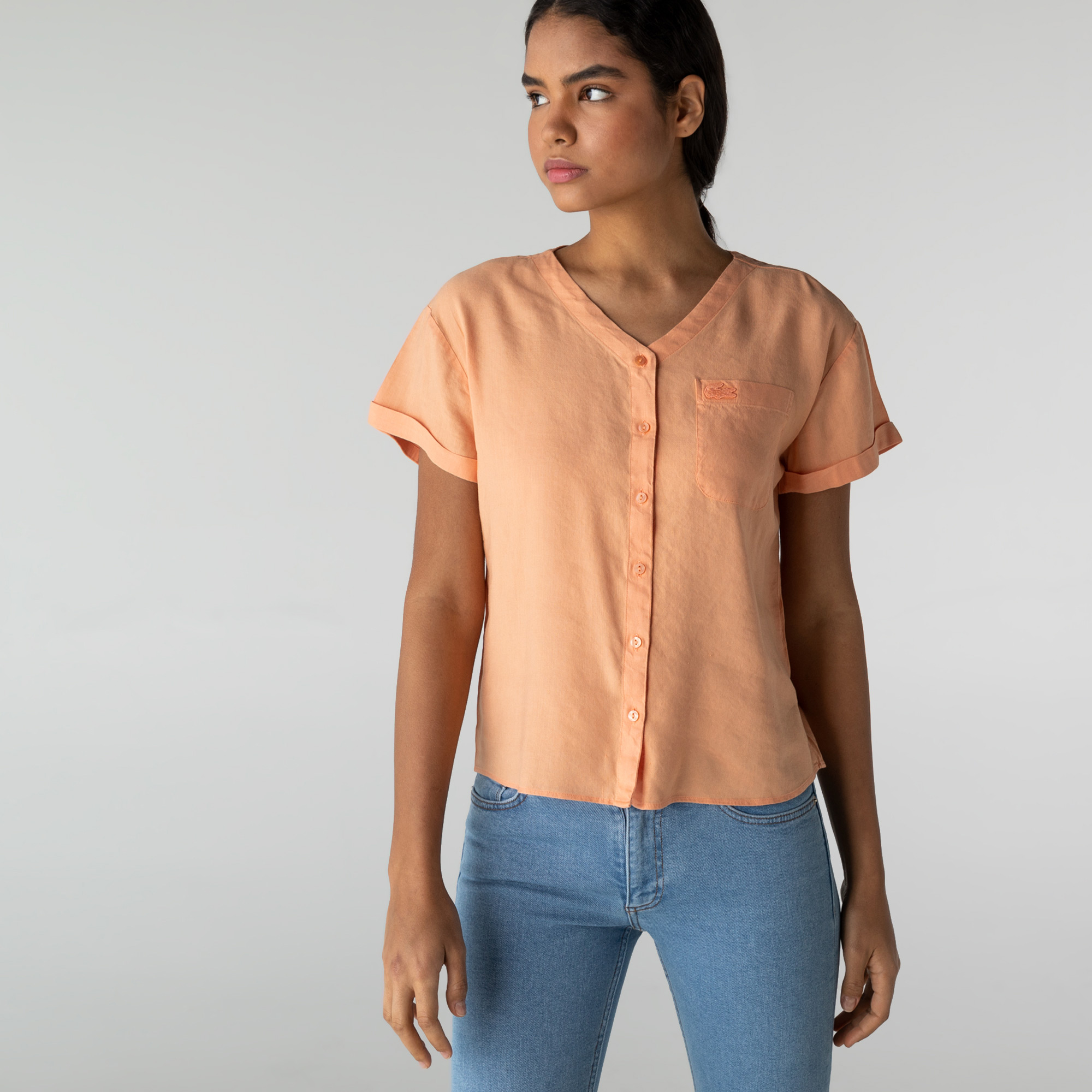 Lacoste Kadın V Yaka Pembe Gömlek