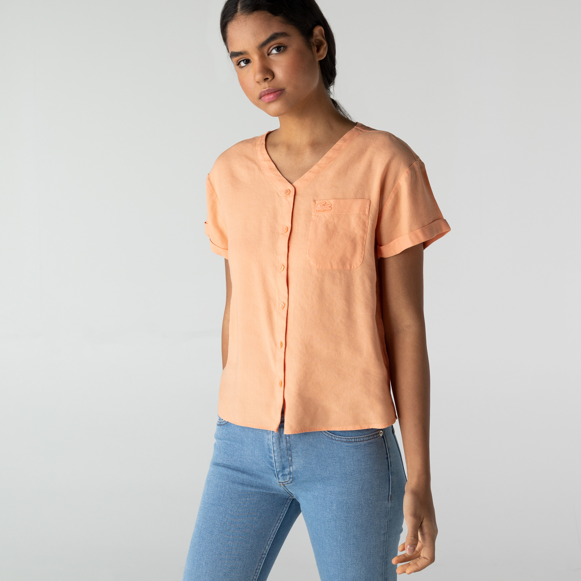 Lacoste Kadın V Yaka Pembe Gömlek