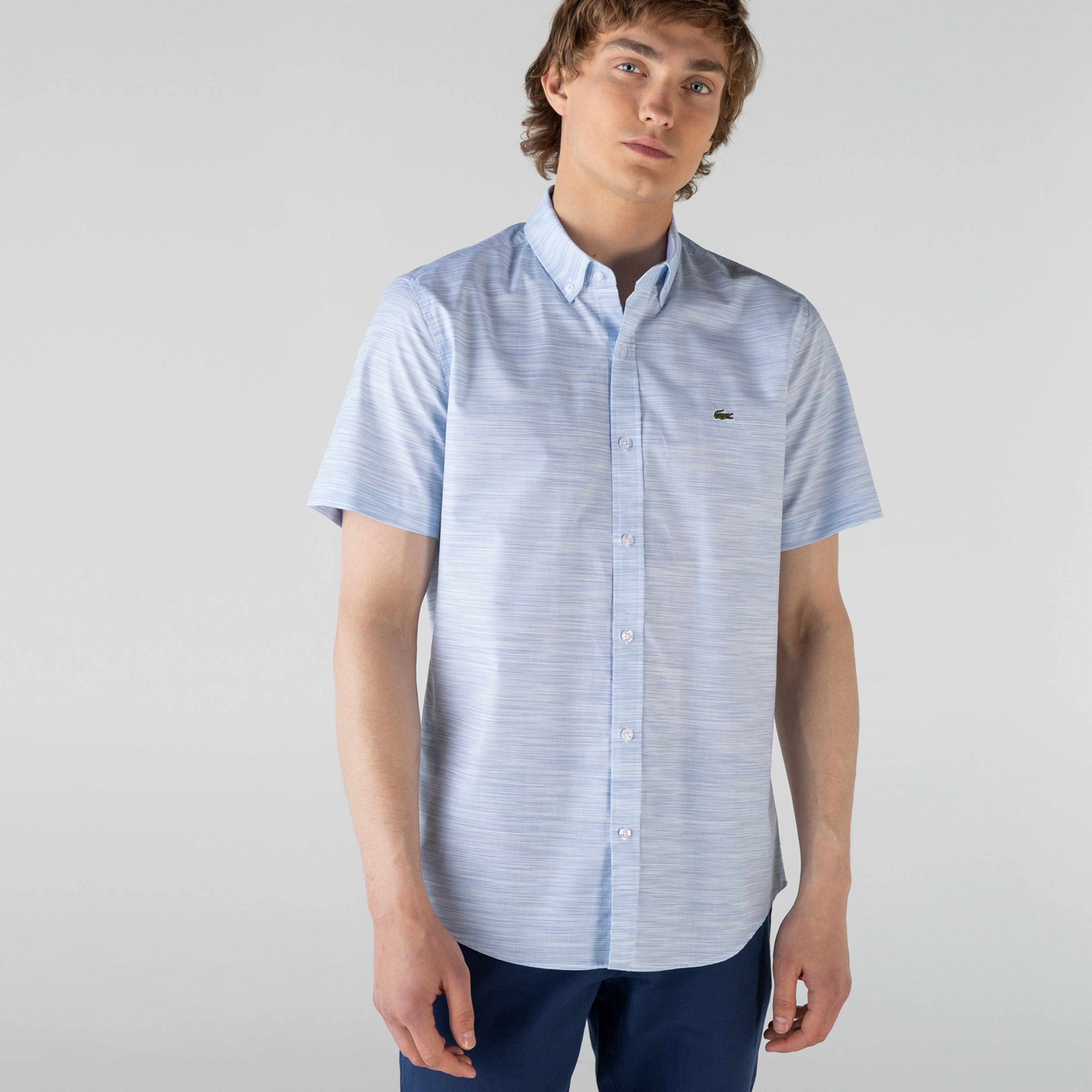 Lacoste Erkek Slim Fit Kısa Kollu Desenli Açık Mavi Gömlek