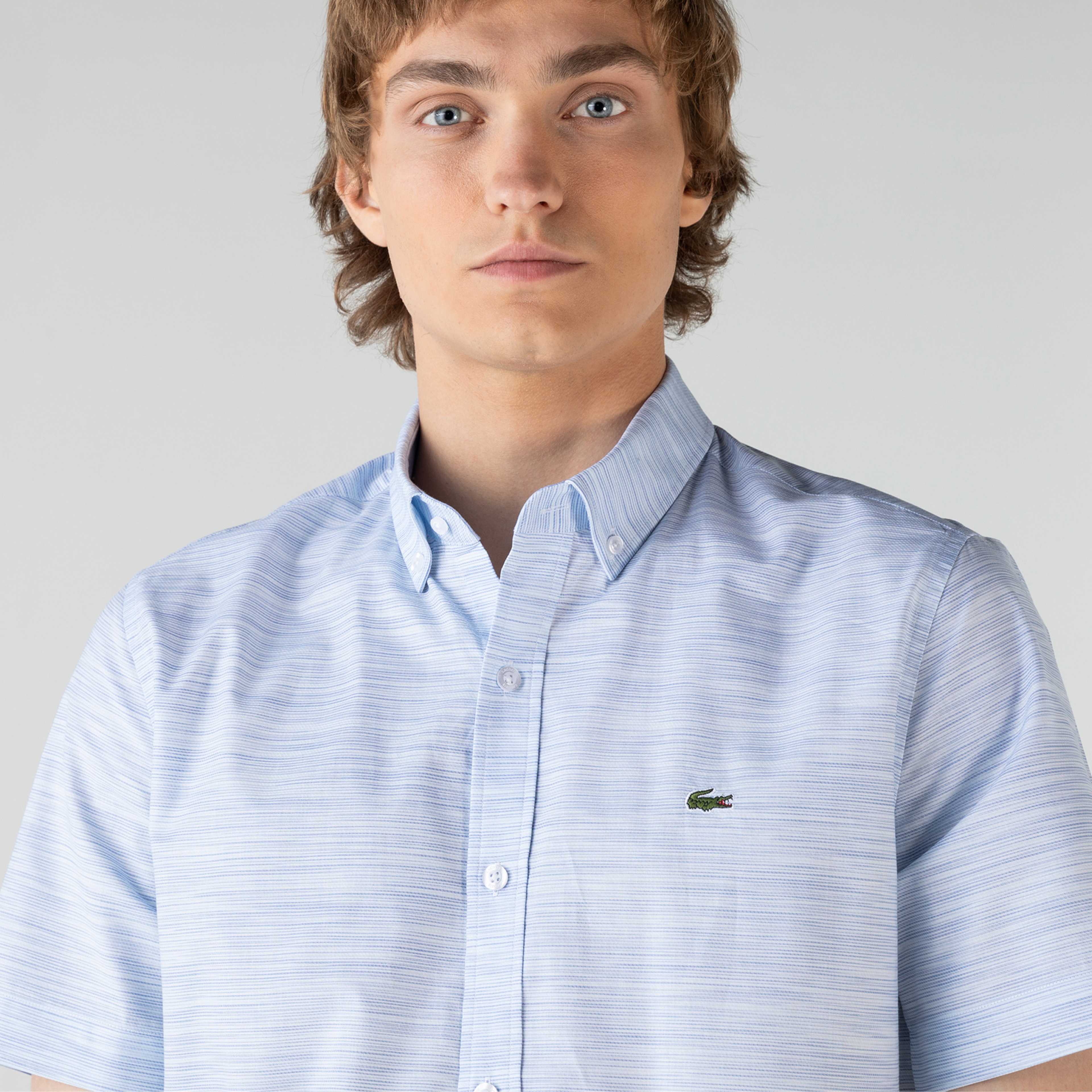 Lacoste Erkek Slim Fit Kısa Kollu Desenli Açık Mavi Gömlek