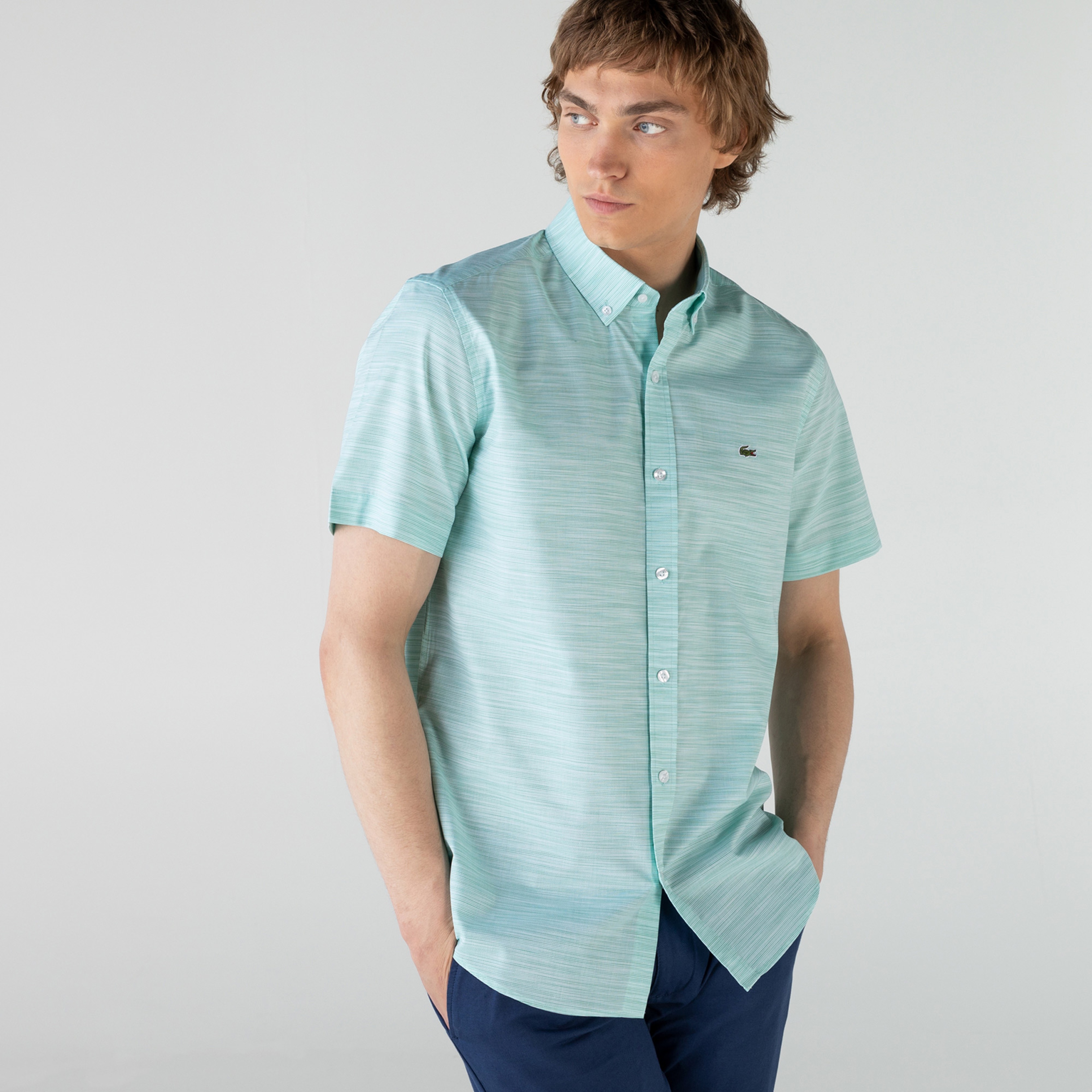 Lacoste Erkek Slim Fit Kısa Kollu Desenli Açık Yeşil Gömlek