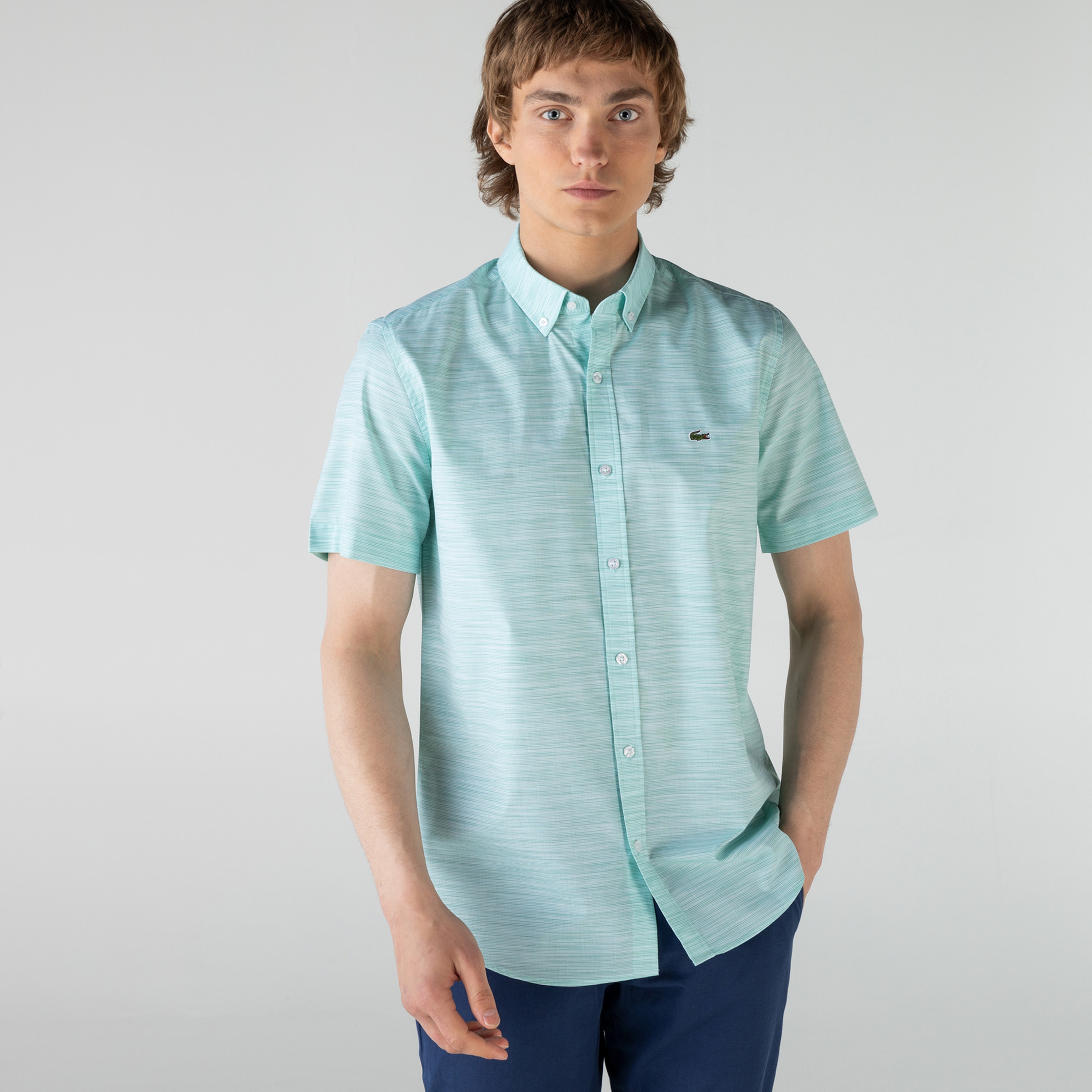 Lacoste Erkek Slim Fit Kısa Kollu Desenli Açık Yeşil Gömlek