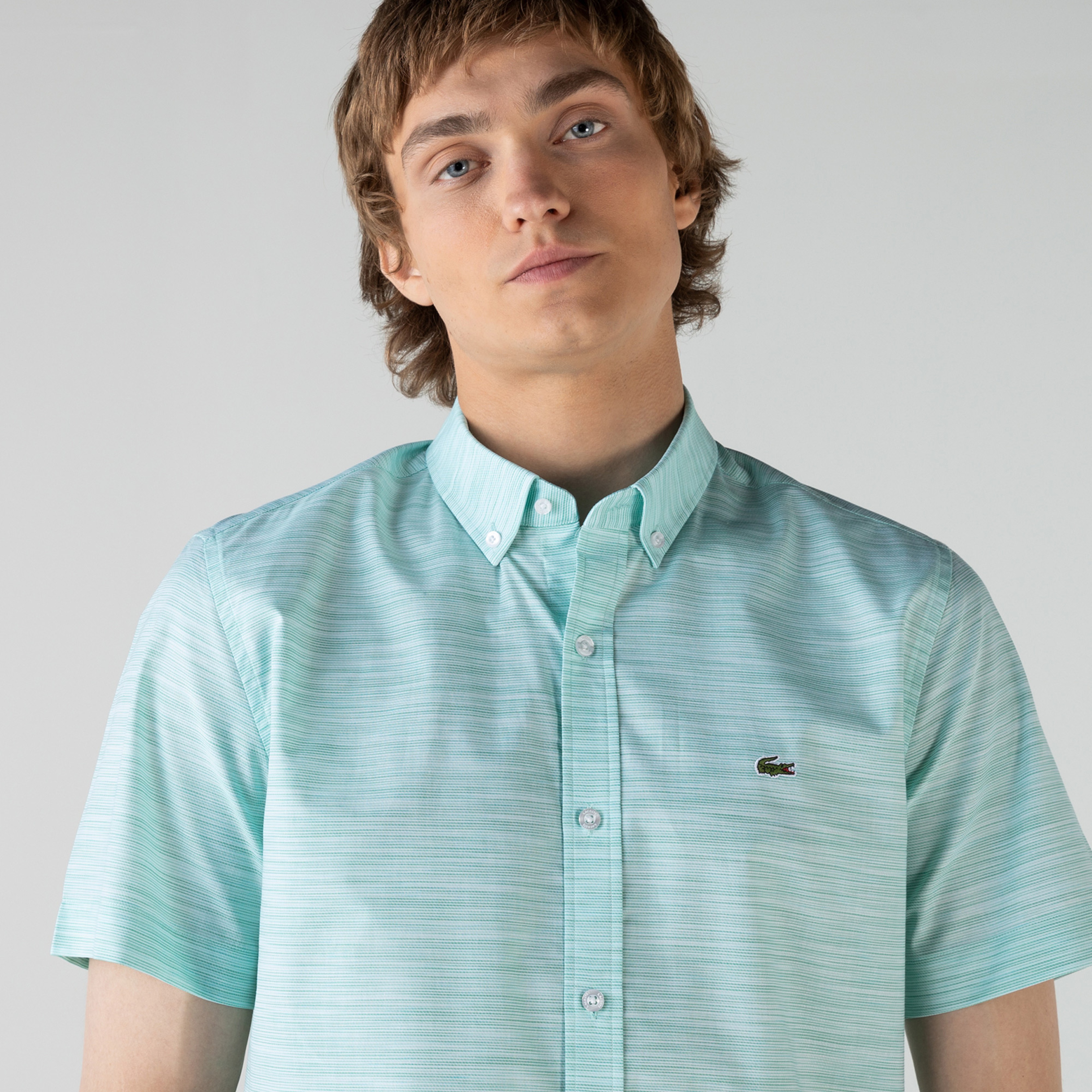 Lacoste Erkek Slim Fit Kısa Kollu Desenli Açık Yeşil Gömlek