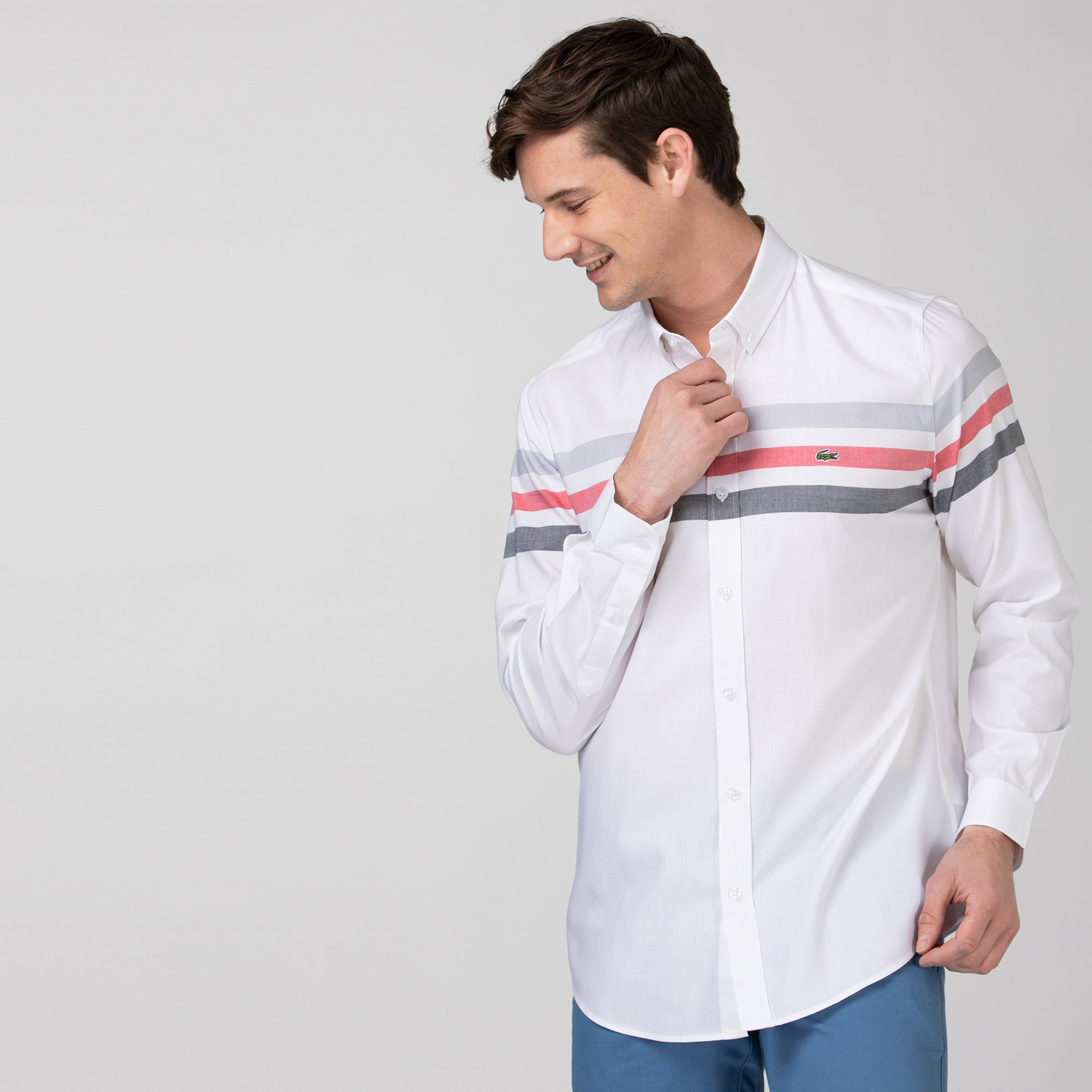 Lacoste Erkek Slim Fit Çizgili Beyaz - Gri Gömlek