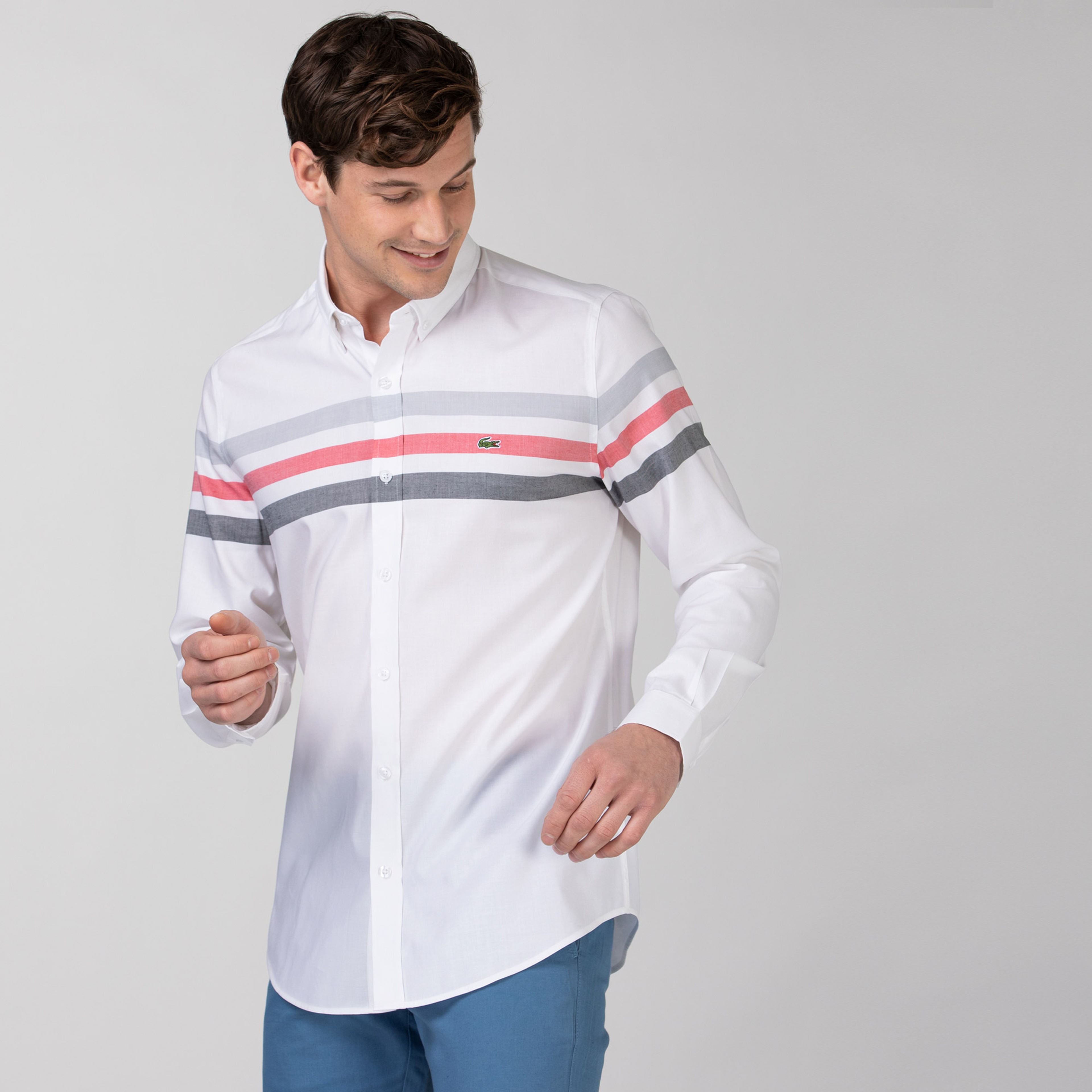 Lacoste Erkek Slim Fit Çizgili Beyaz - Gri Gömlek