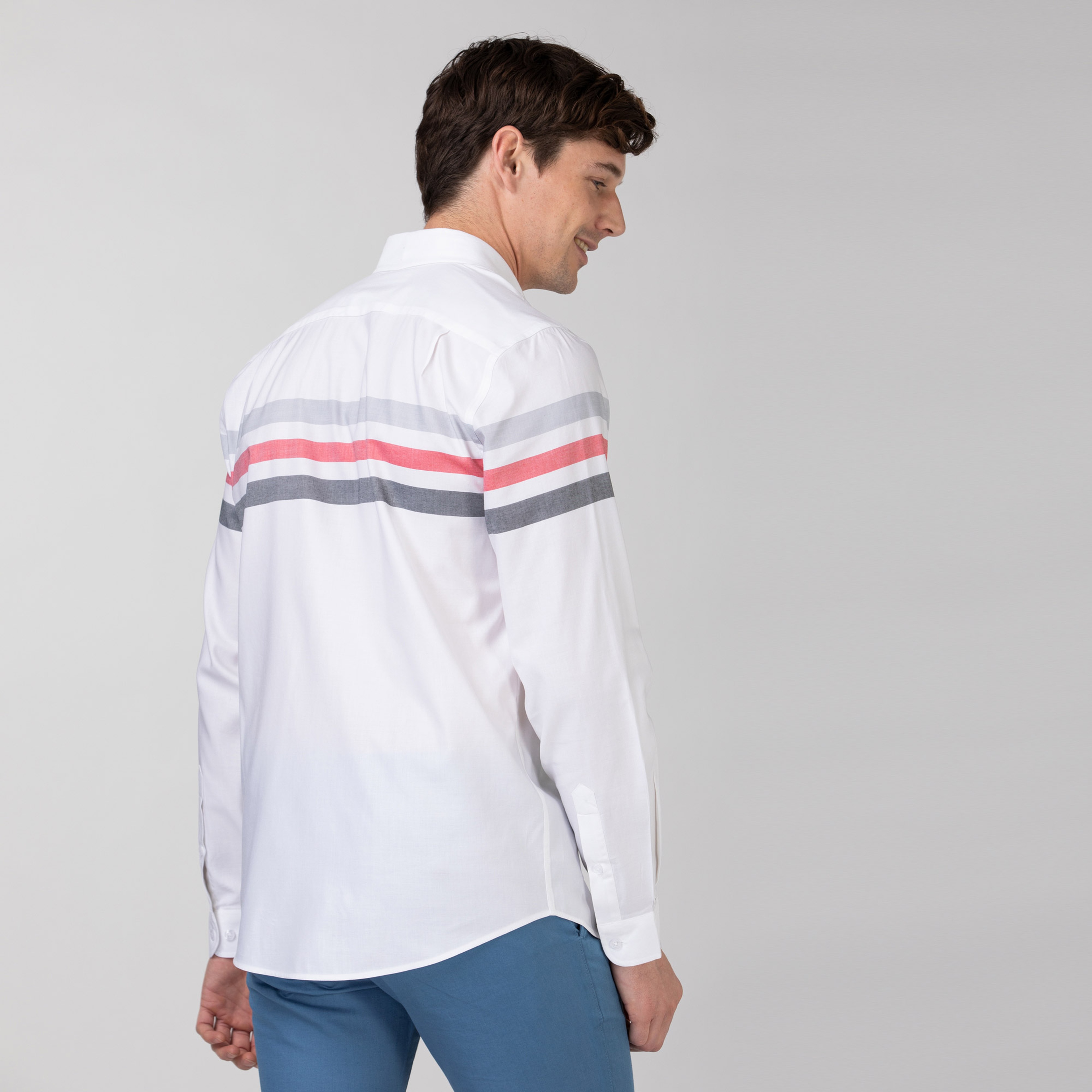 Lacoste Erkek Slim Fit Çizgili Beyaz - Gri Gömlek