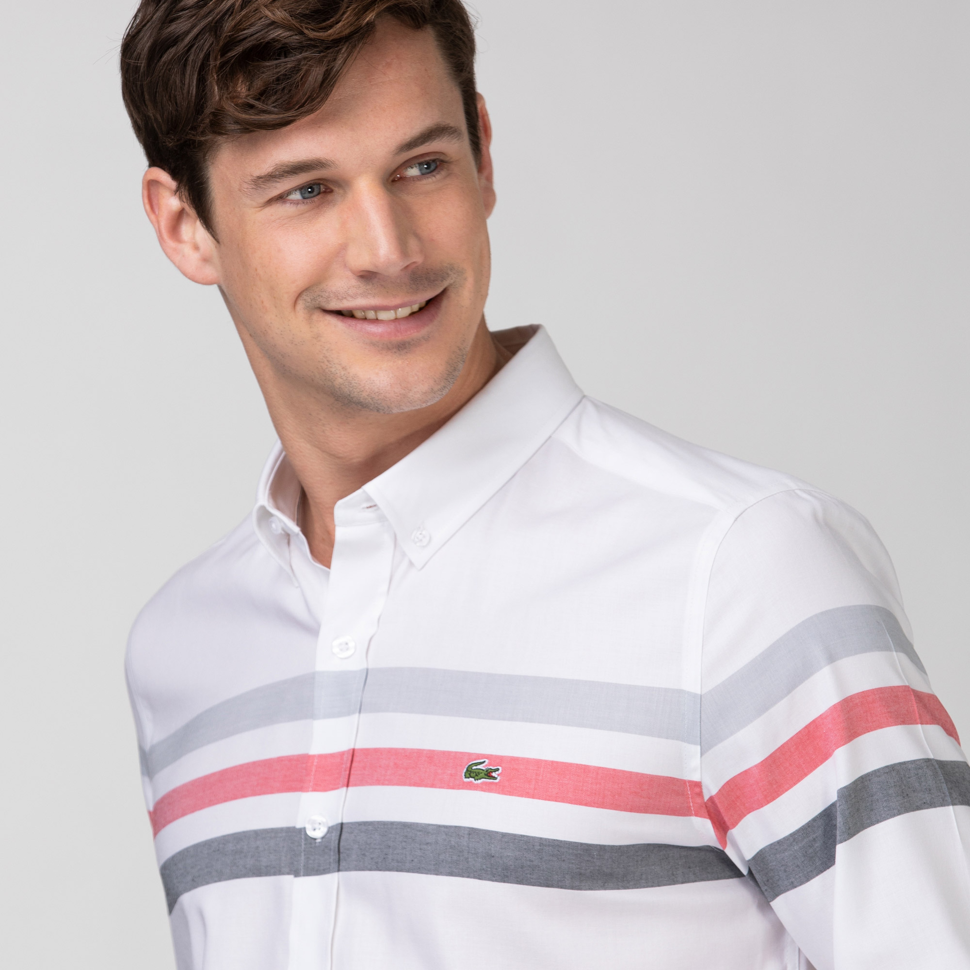 Lacoste Erkek Slim Fit Çizgili Beyaz - Gri Gömlek