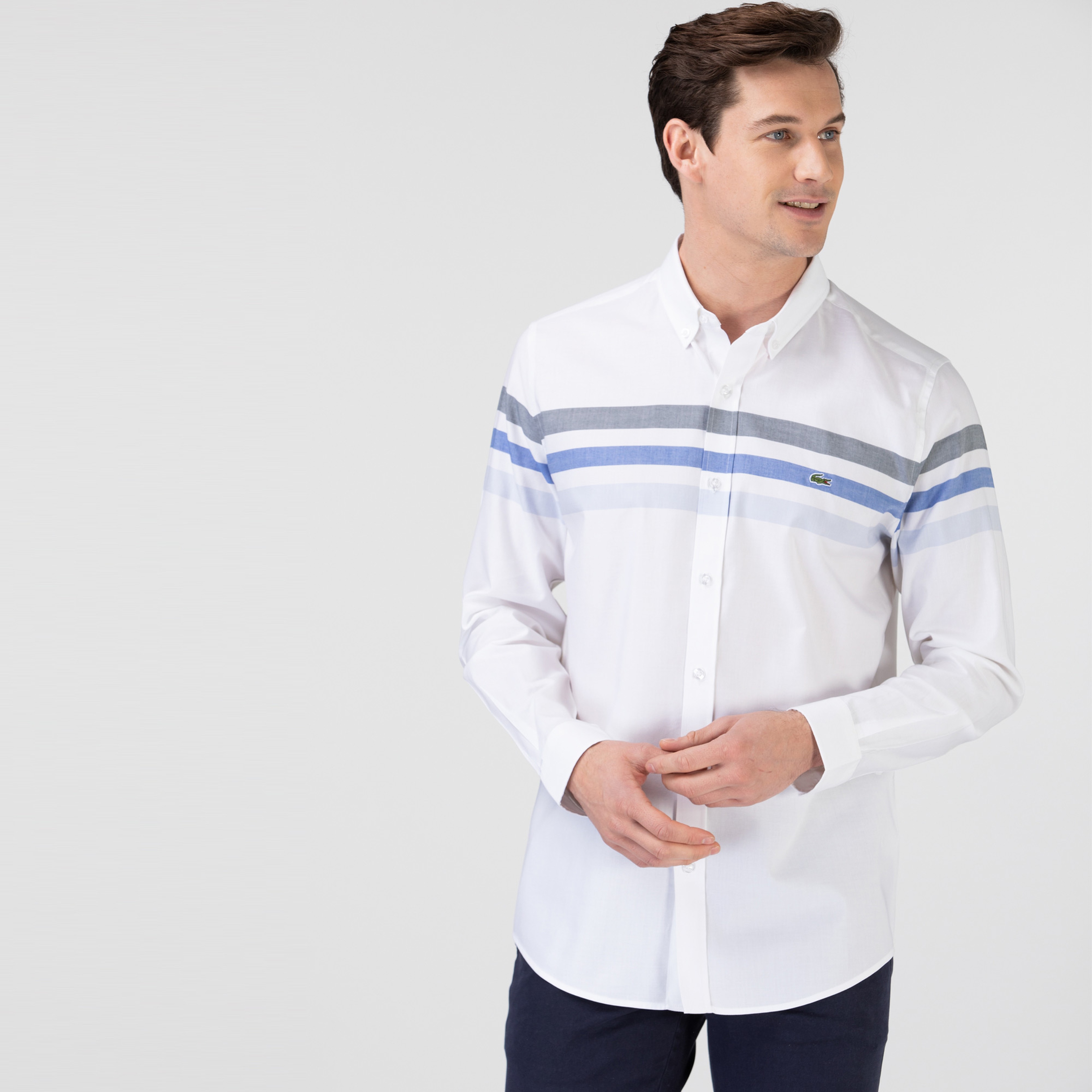 Lacoste Erkek Slim Fit Çizgili Beyaz - Mavi Gömlek