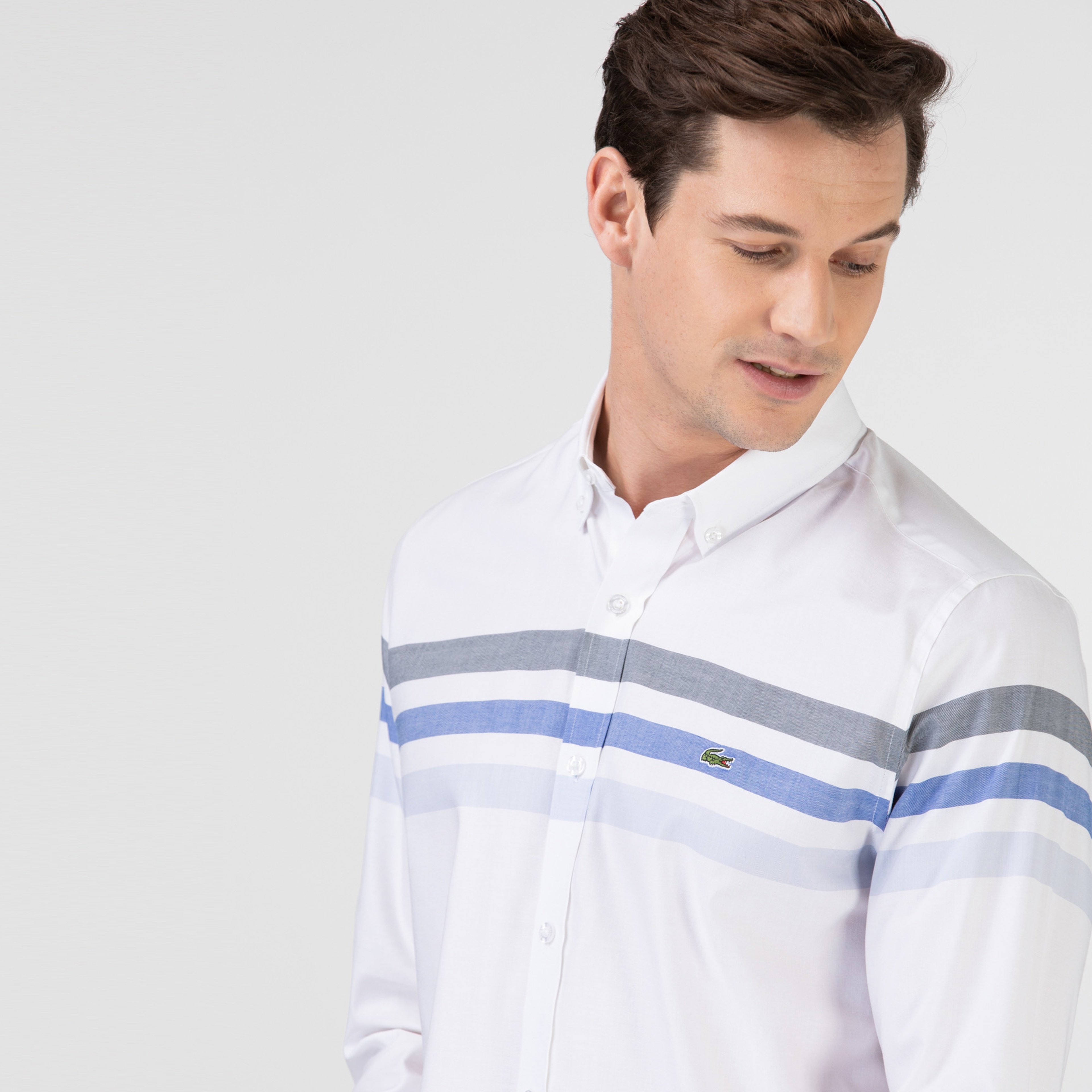 Lacoste Erkek Slim Fit Çizgili Beyaz - Mavi Gömlek