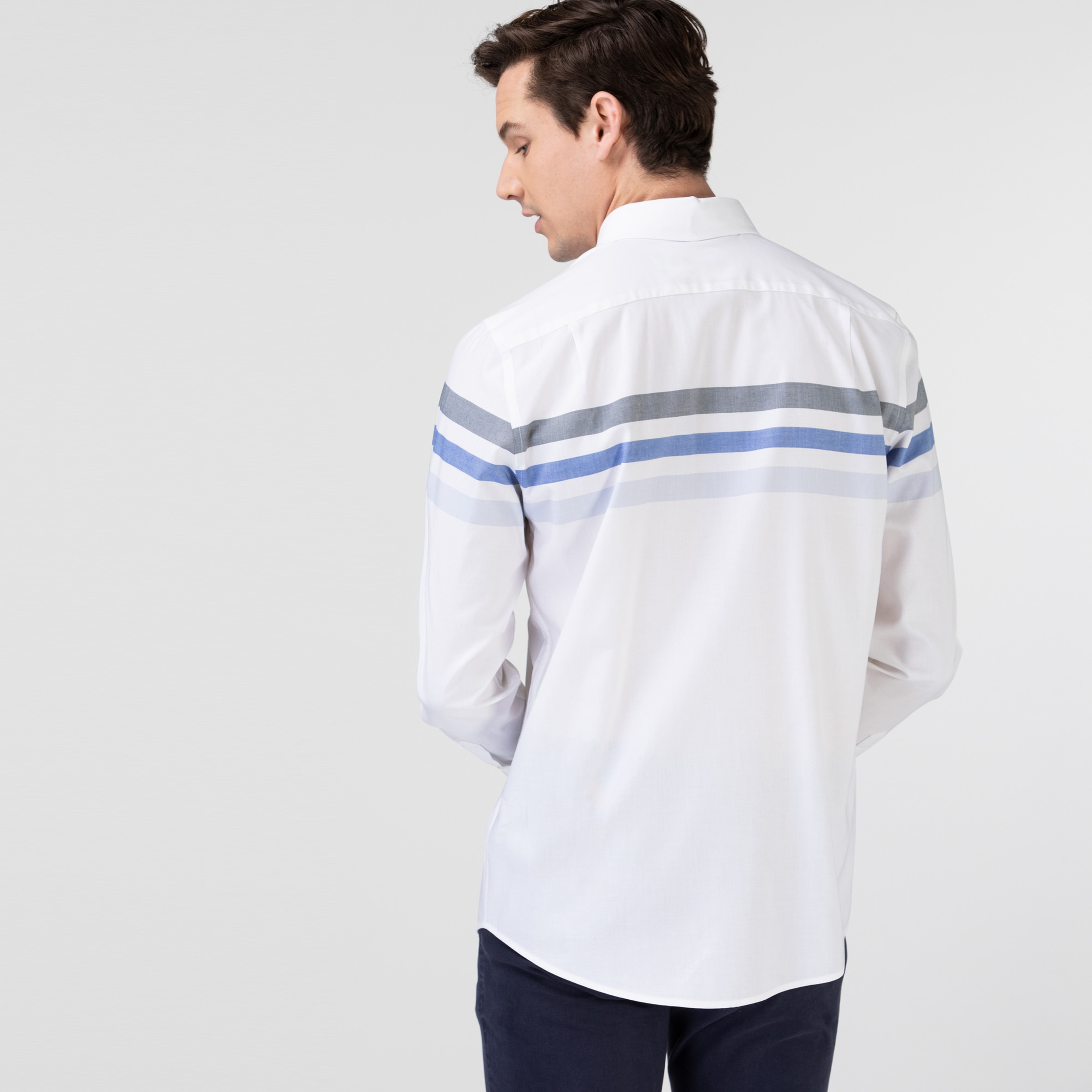 Lacoste Erkek Slim Fit Çizgili Beyaz - Mavi Gömlek