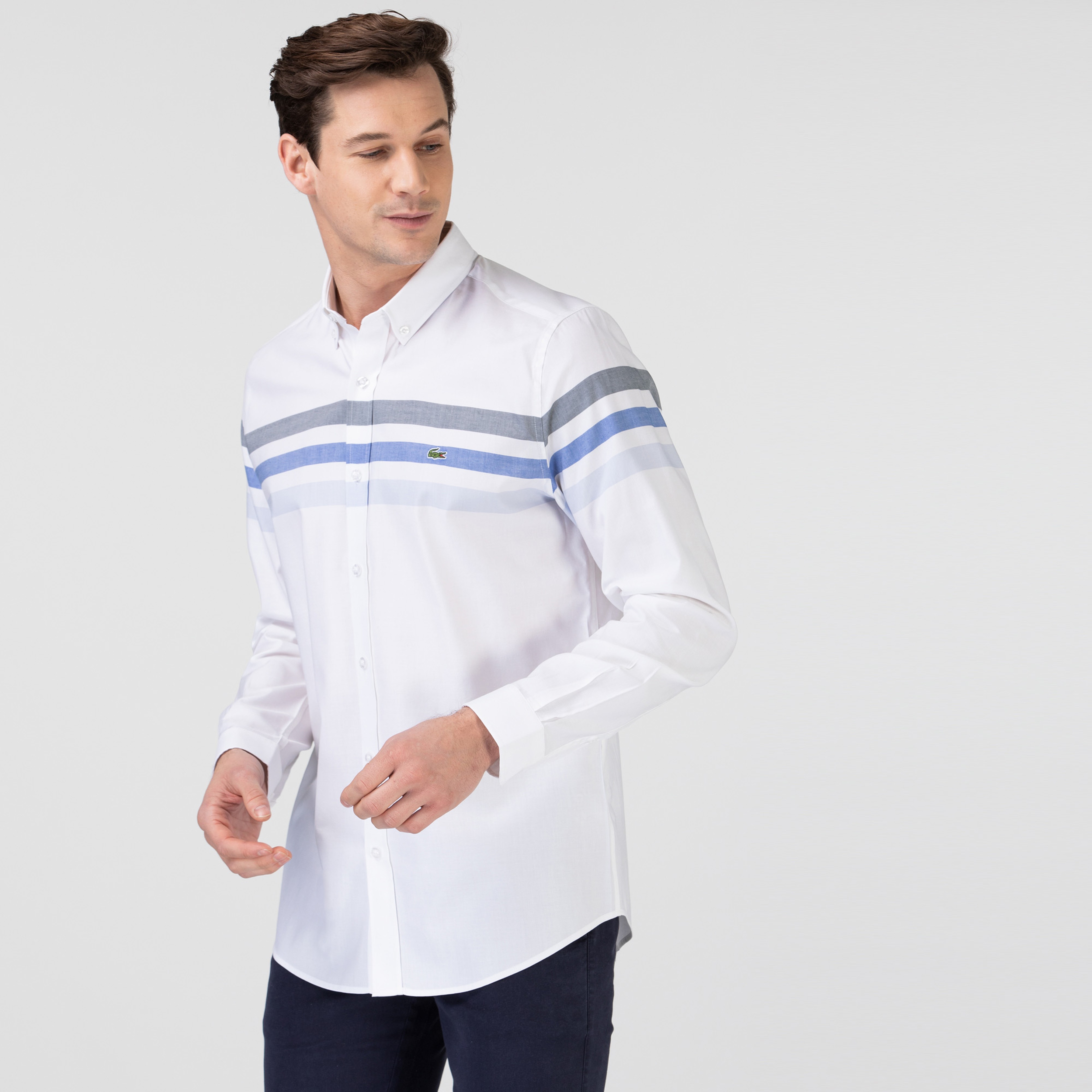 Lacoste Erkek Slim Fit Çizgili Beyaz - Mavi Gömlek