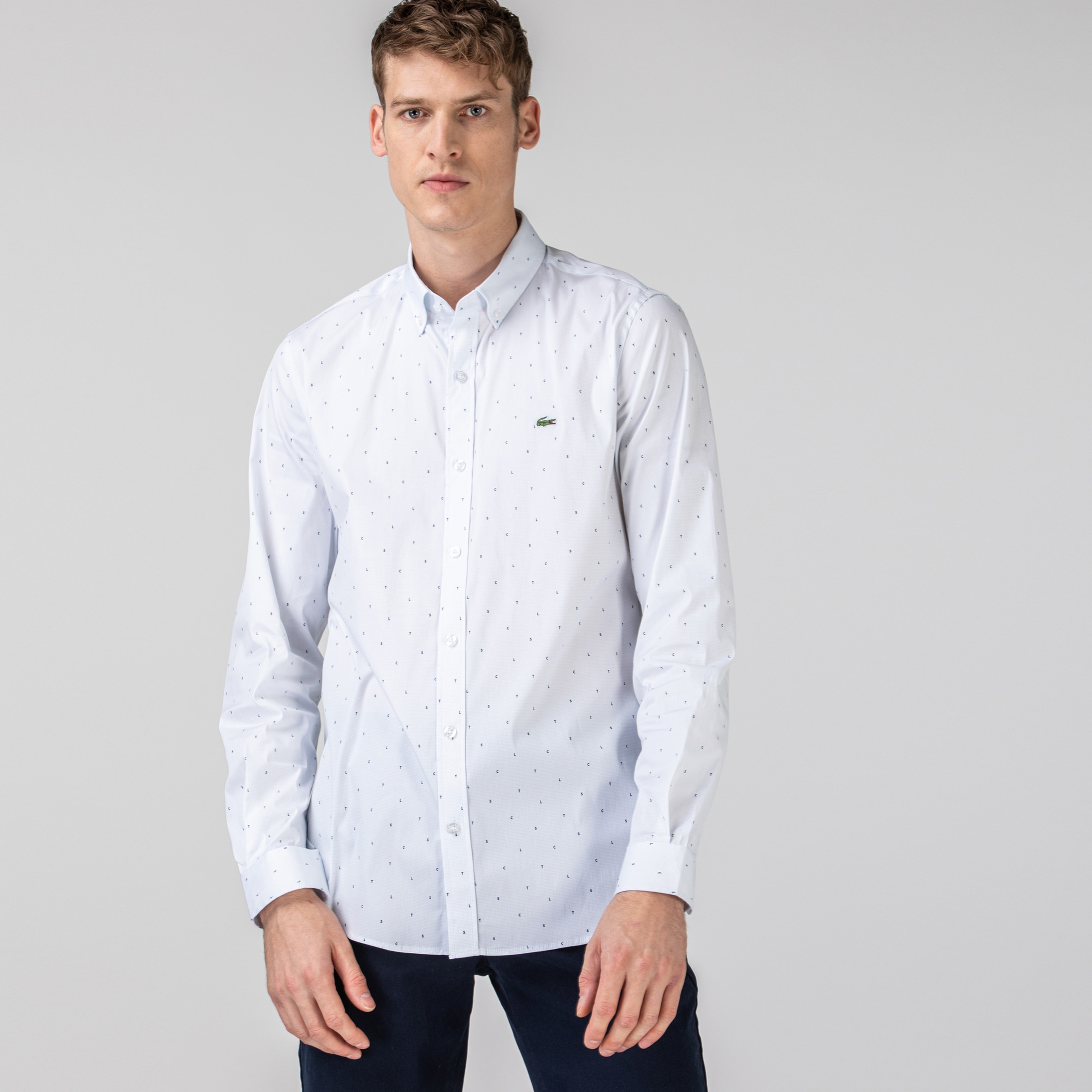 Lacoste Erkek Slim Fit Desenli Beyaz Gömlek