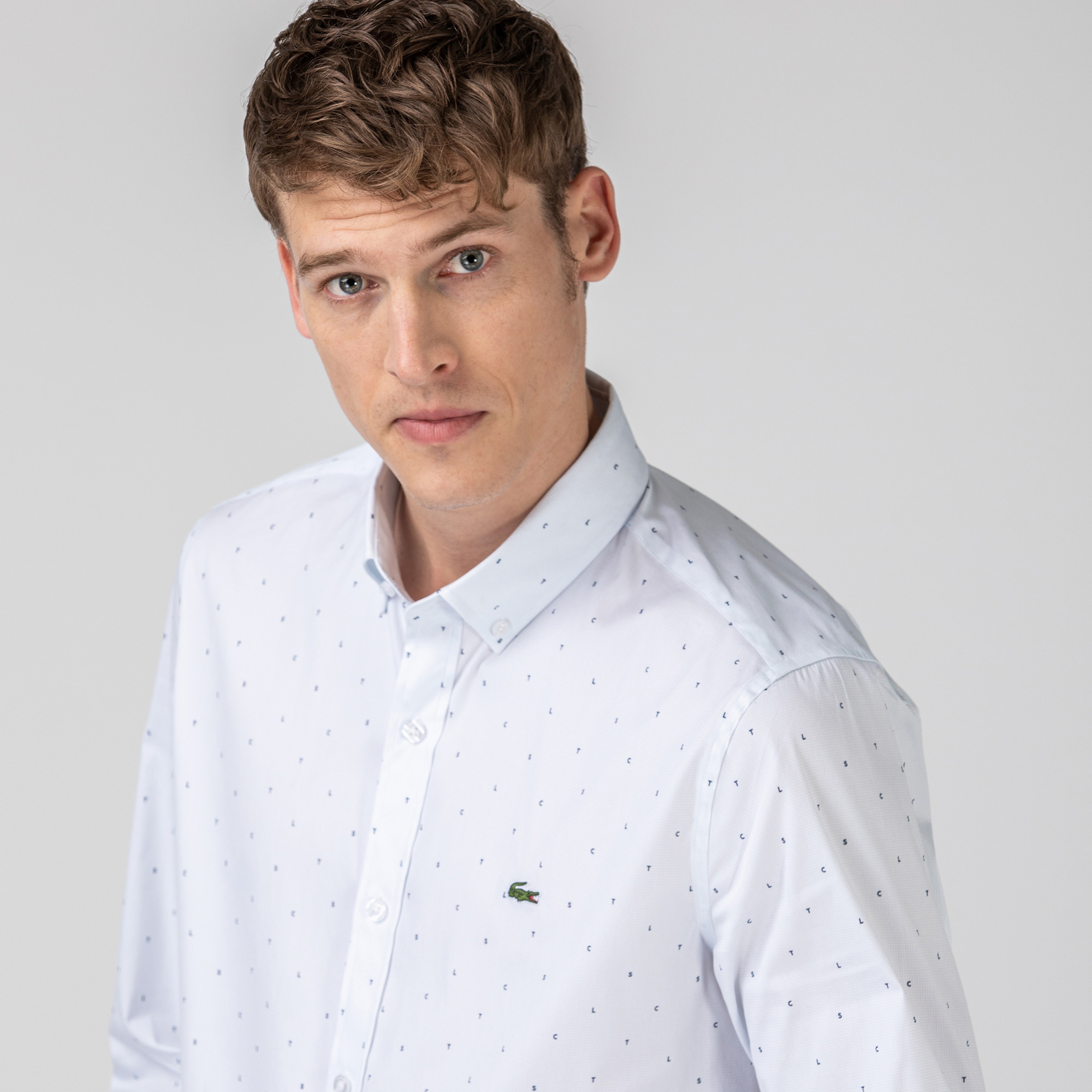 Lacoste Erkek Slim Fit Desenli Beyaz Gömlek