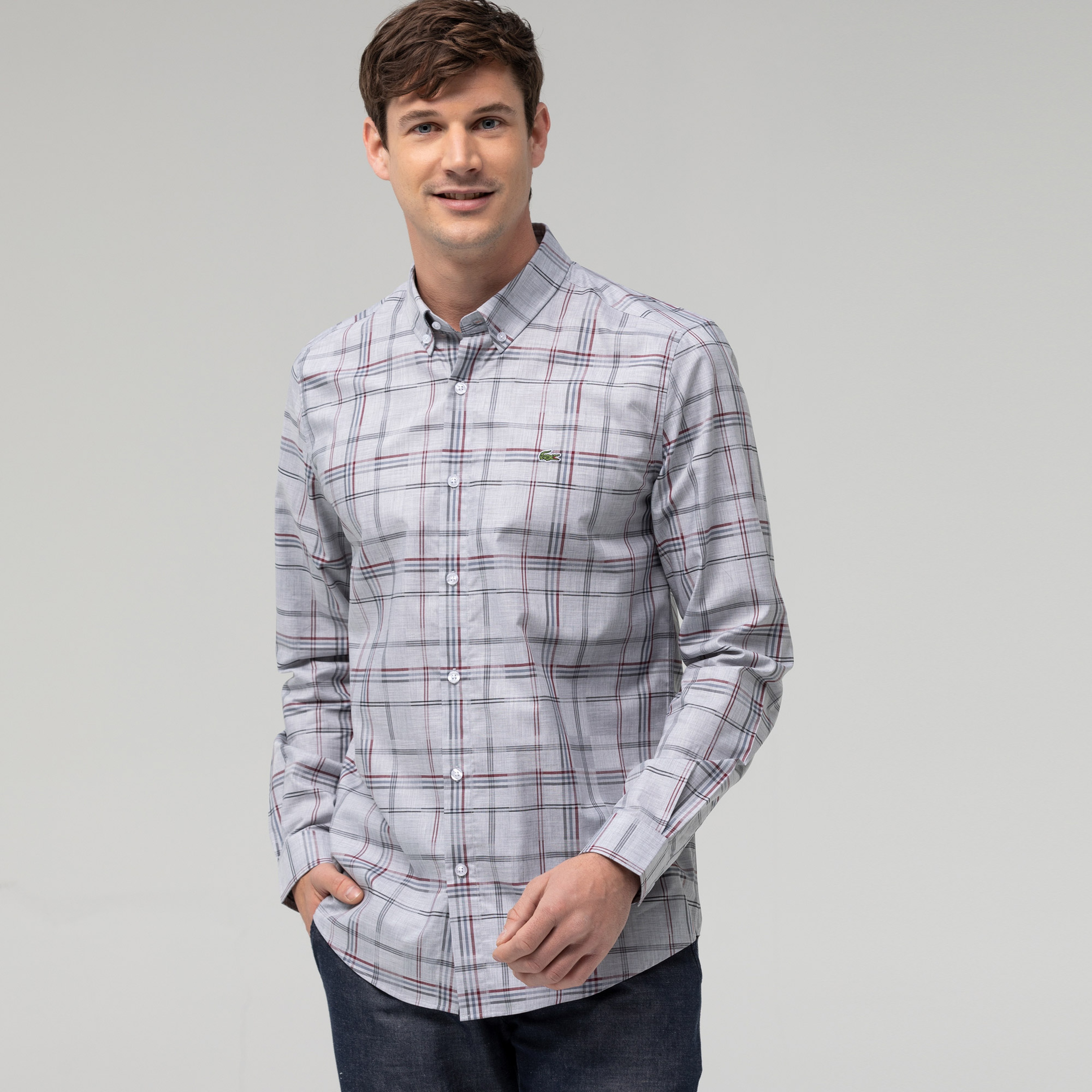 Lacoste Erkek Slim Fit Ekose Desenli Gri Gömlek