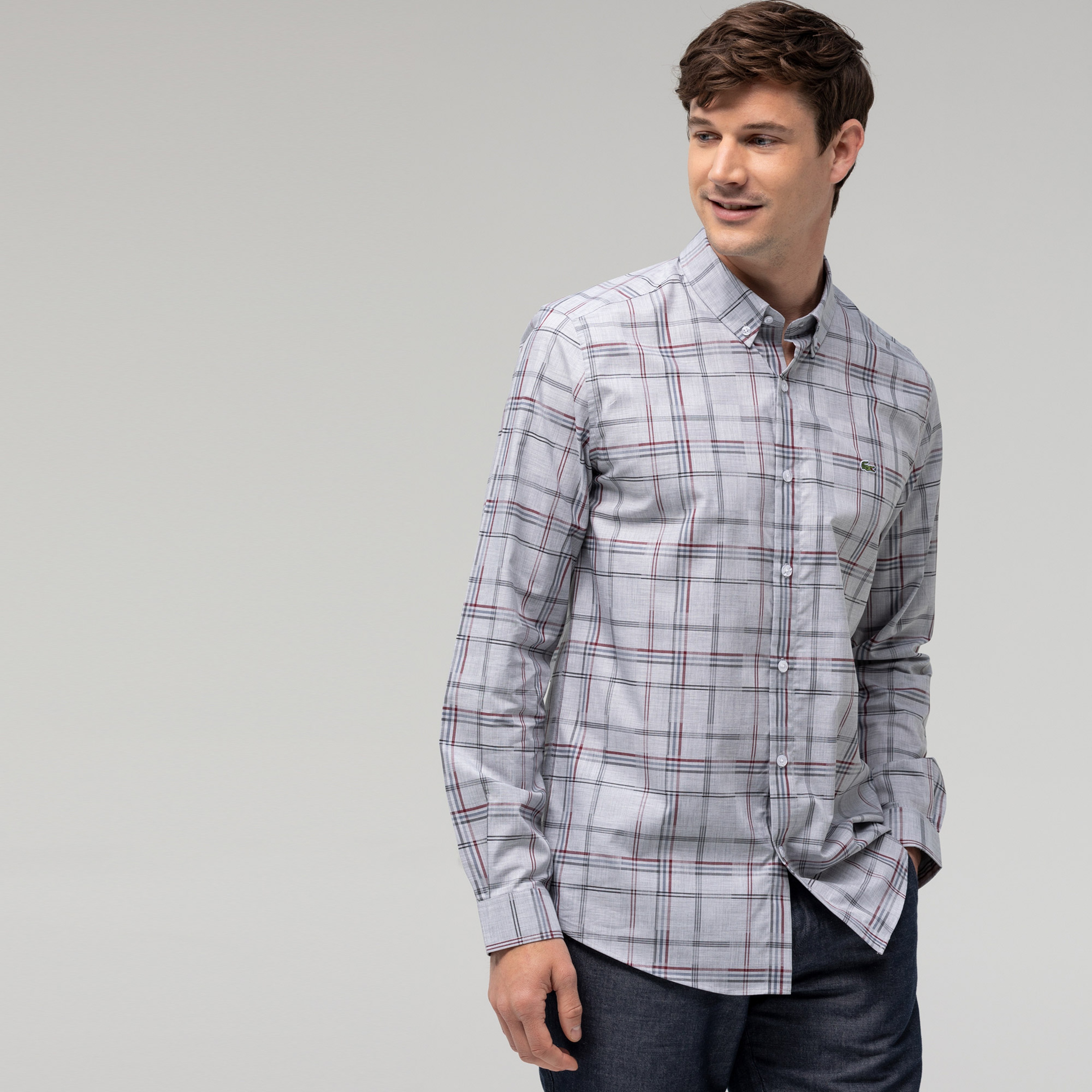 Lacoste Erkek Slim Fit Ekose Desenli Gri Gömlek