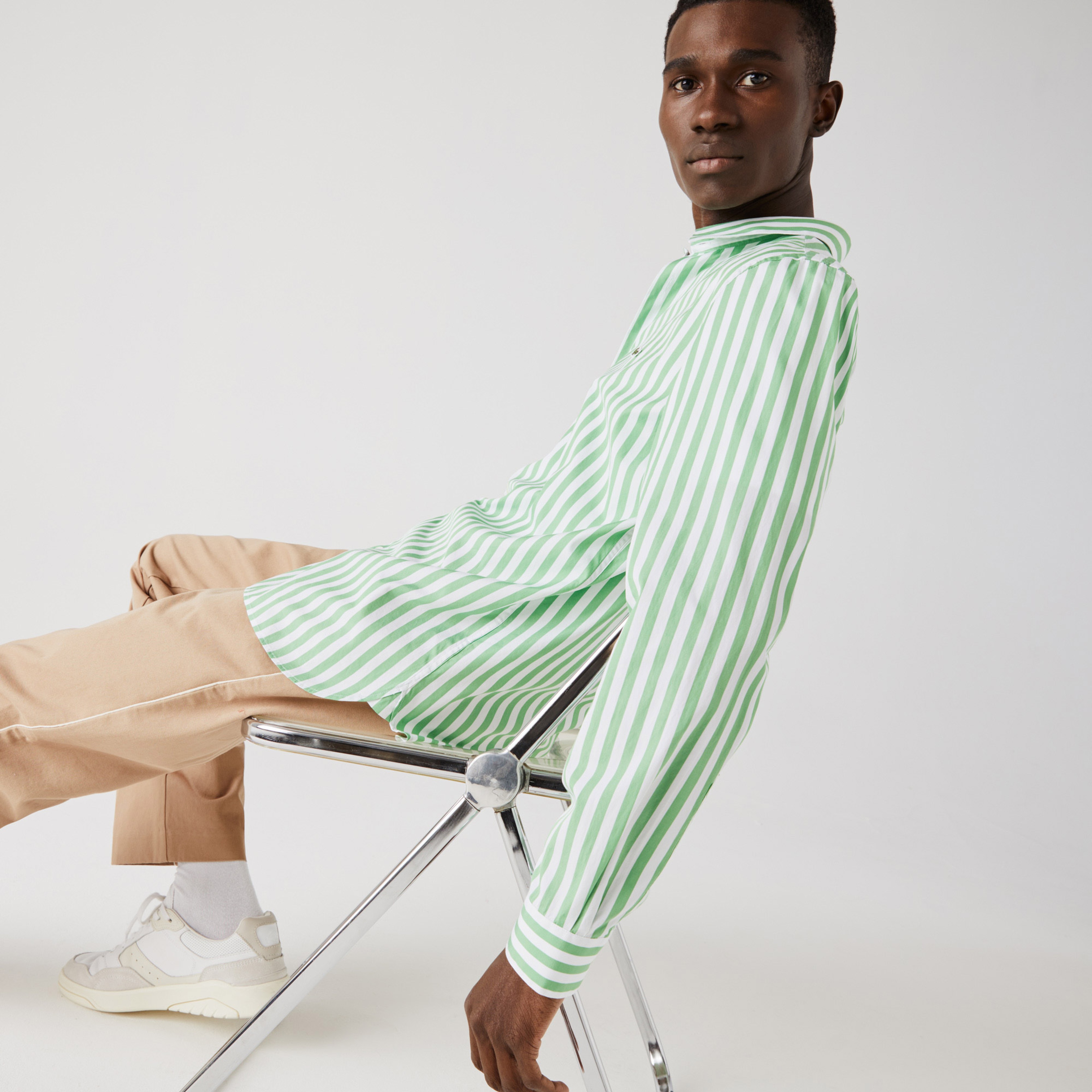 Lacoste Erkek Regular Fit Çizgili Yeşil - Beyaz Gömlek