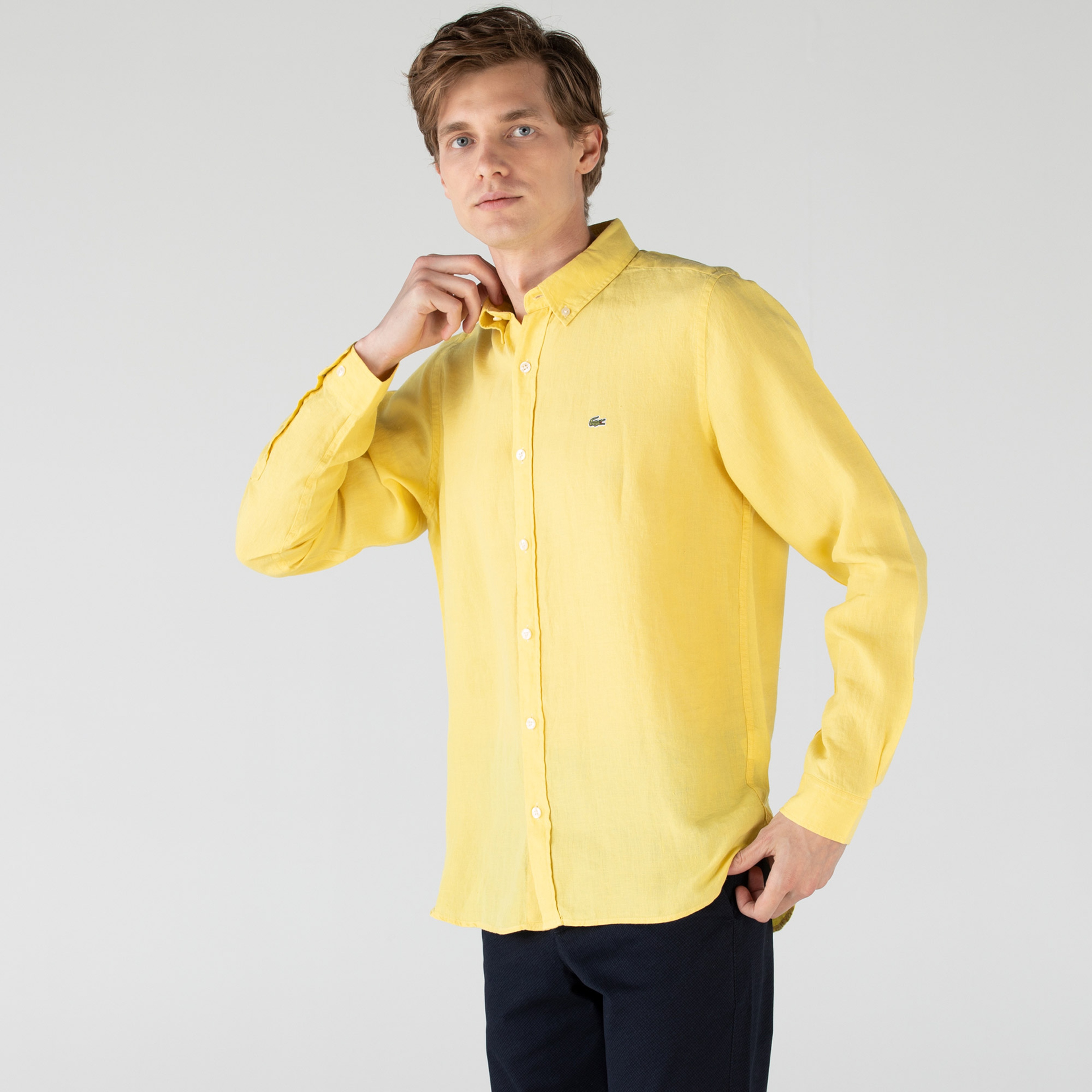 Lacoste Erkek Regular Fit Keten Sarı Gömlek
