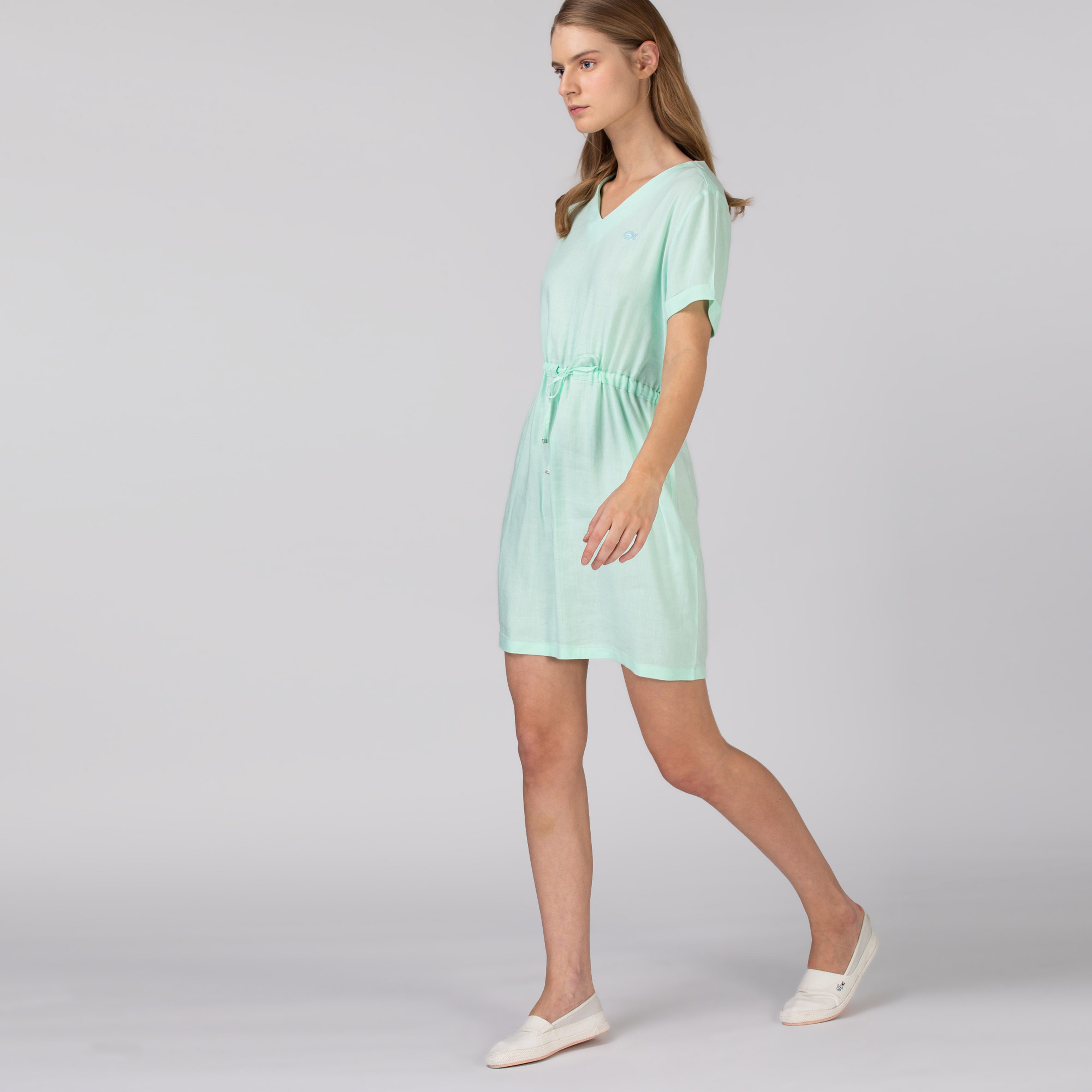 Lacoste Kadın Kısa Kollu V Yaka Açık Yeşil Elbise