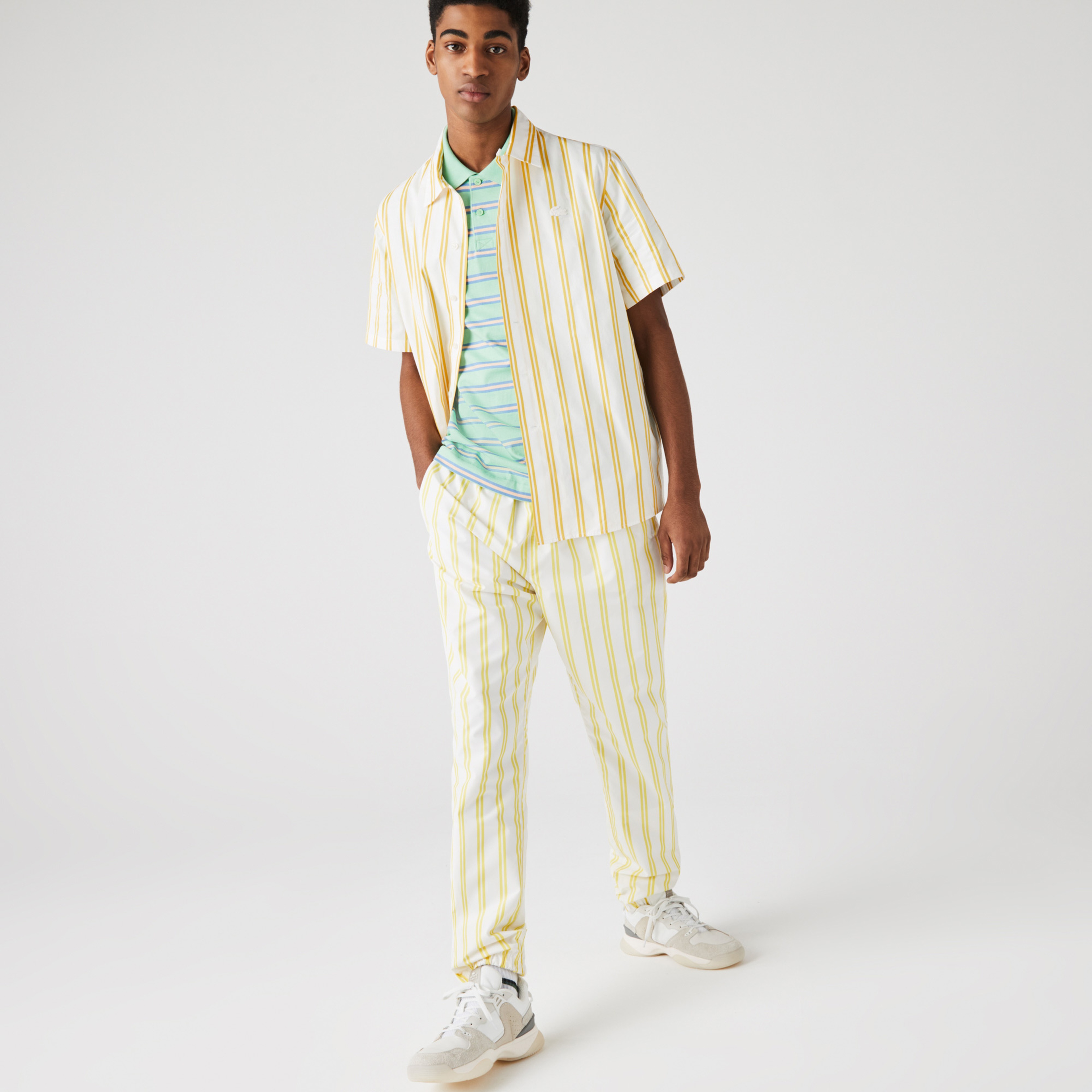 Lacoste L!ve Unisex Çizgili Beyaz - Sarı Gömlek