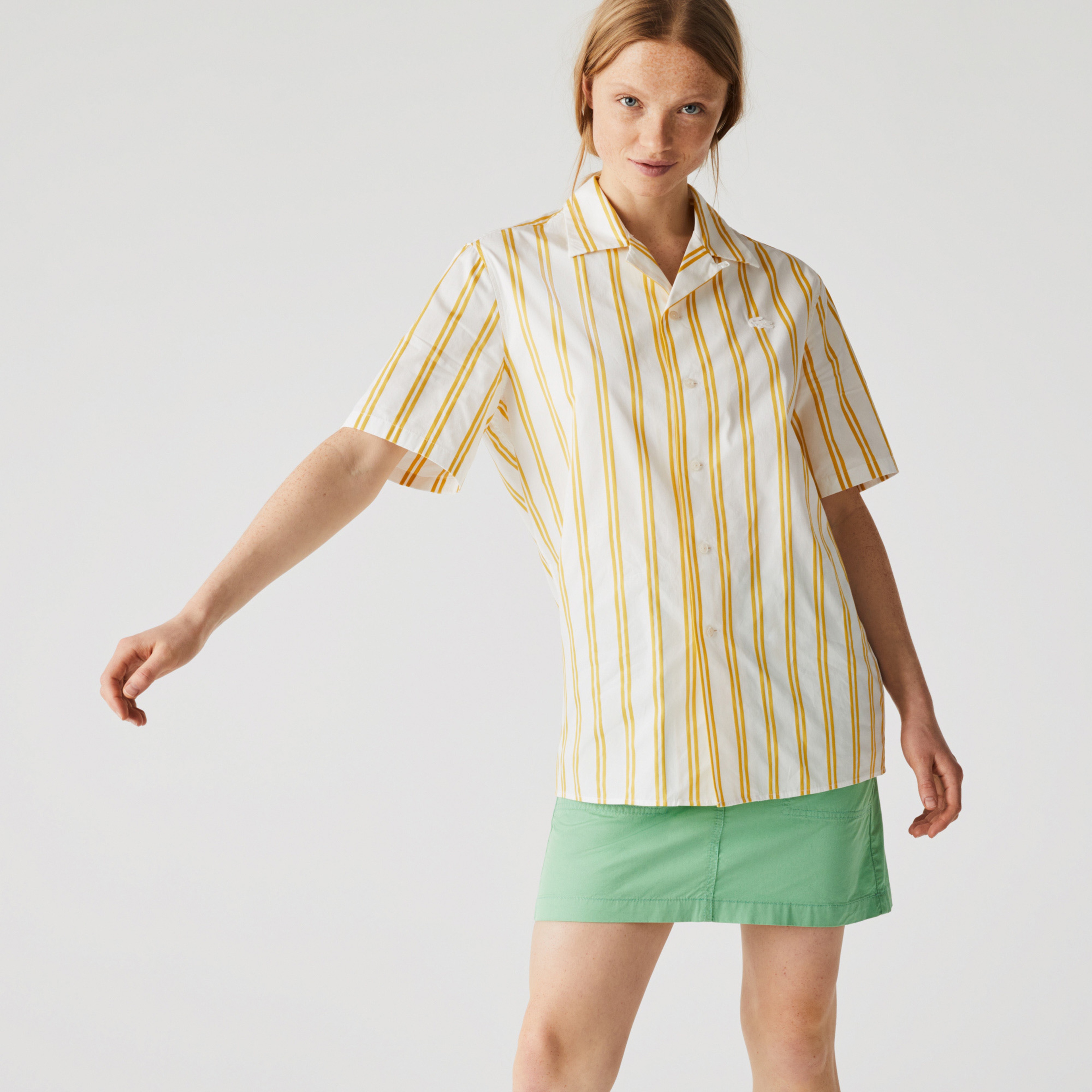 Lacoste L!ve Unisex Çizgili Beyaz - Sarı Gömlek