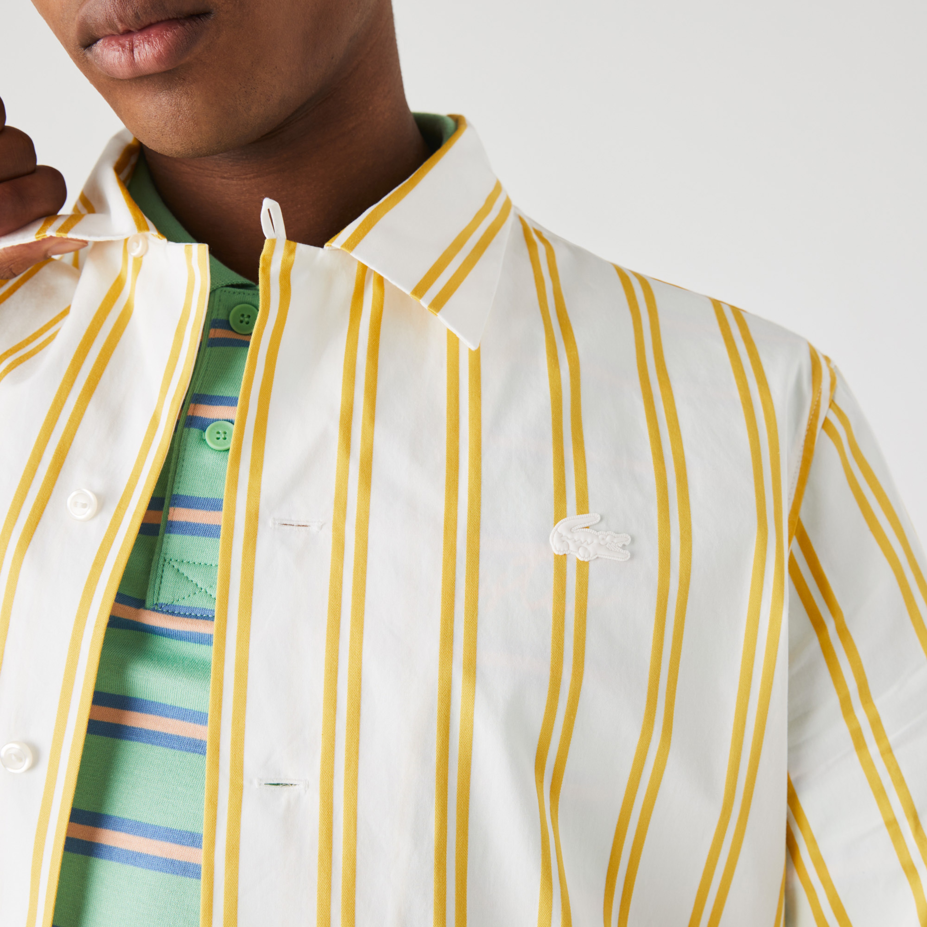 Lacoste L!ve Unisex Çizgili Beyaz - Sarı Gömlek